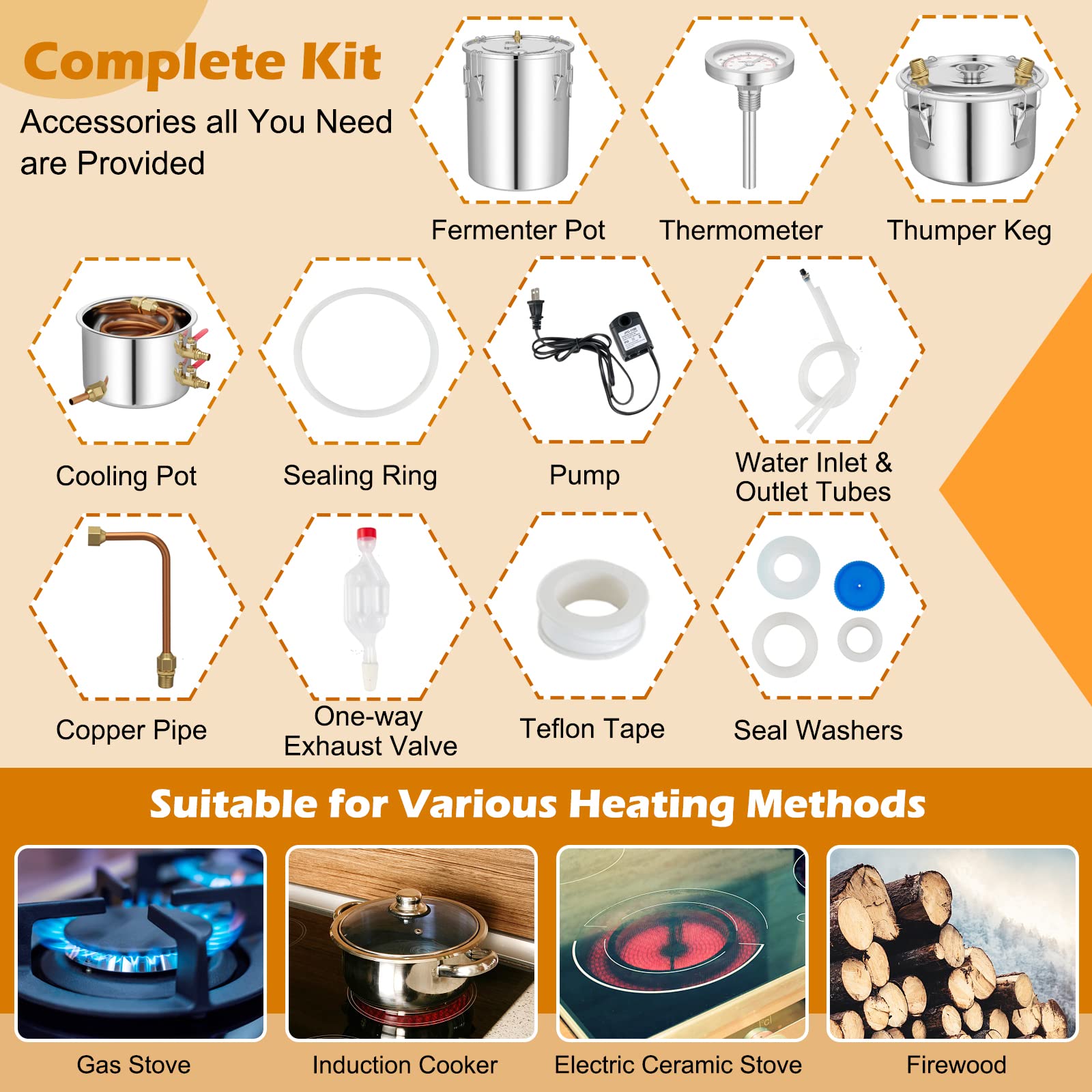Giantex 10 Gallon Alcohol Still Kit - 3 Pots Stainless Steel Distiller for Water, Alcohol & Oil with Built-in Thermometer & Copper Tubes - Multi-Functional Home Brewing Equipment for Whiskey, Brandy & Moonshine - Perfect for DIY Spirits, Essential Oils & Distilled Water Production
