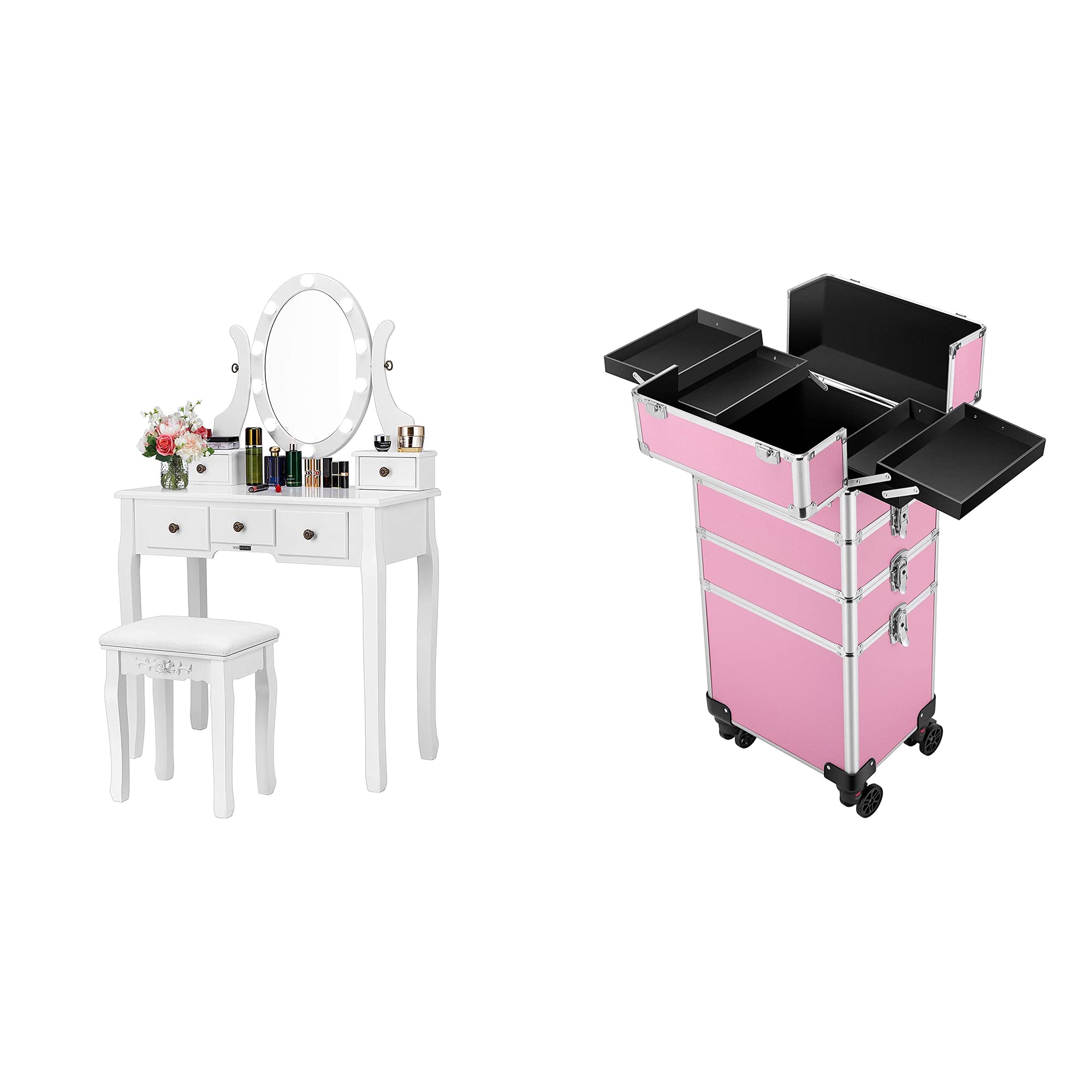 VIVOHOME 10 Dimmable LED Bulbs Makeup Vanity Set with 4-in-1 Rolling Train Case - Professional Cosmetic Organizer & Dressing Table with Aluminum Trolley for Home Salon, Bedroom Decor & Beauty Storage