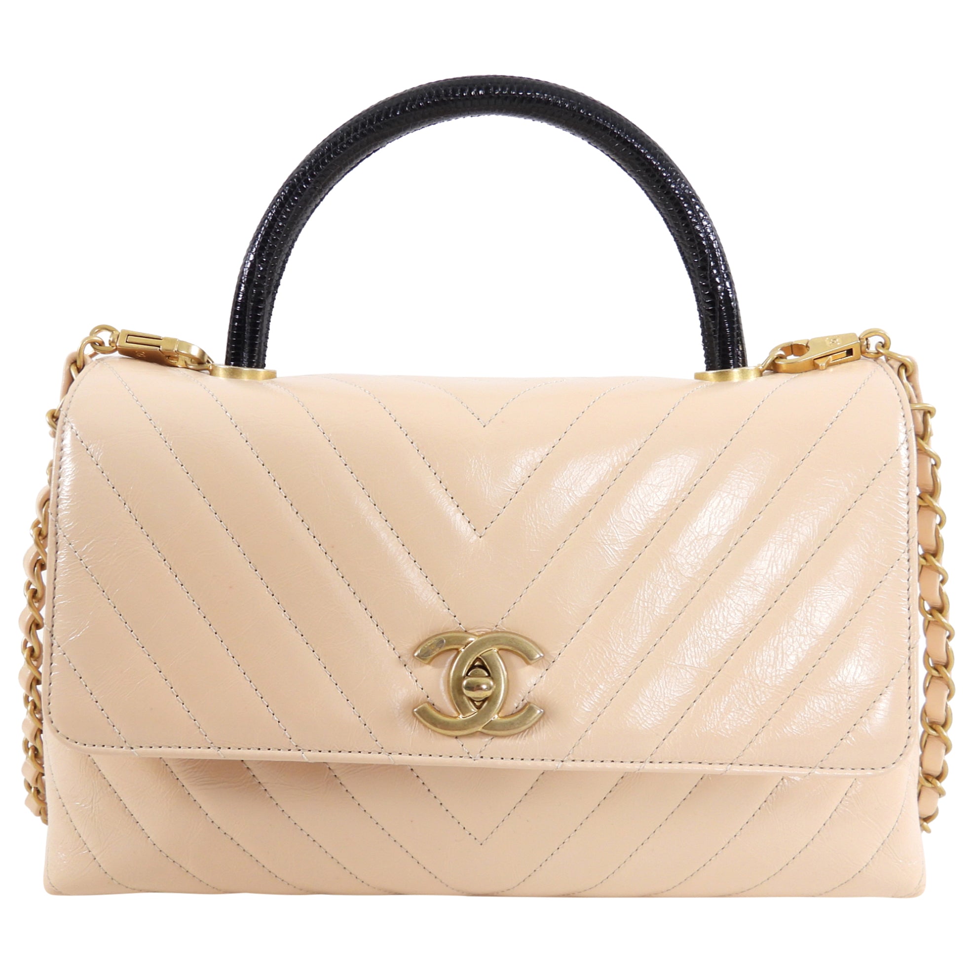Chanel Nude Chevron Aged Leather Exotic Top Handle Flap Bag - Luxury Designer Handbag for Women, Perfect for Parties, Work & Special Occasions