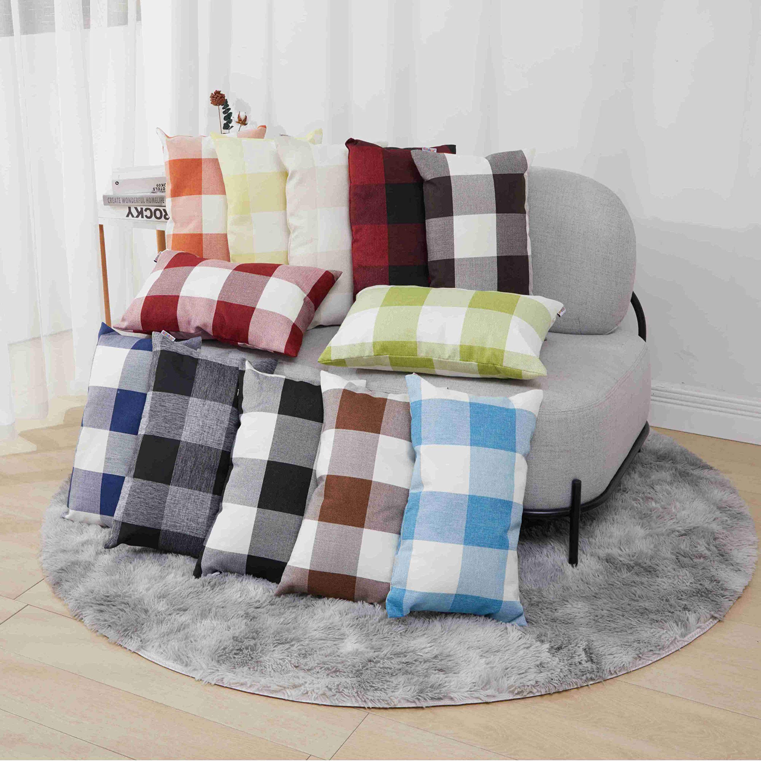 Plaid Pillow Covers 12x20 Inches - Cotton Linen Decorative Farmhouse Throw Pillow Covers for Sofa, Couch & Bed - Beige White Holiday Home Decor - Perfect for Living Room, Bedroom & Seasonal Decoration
