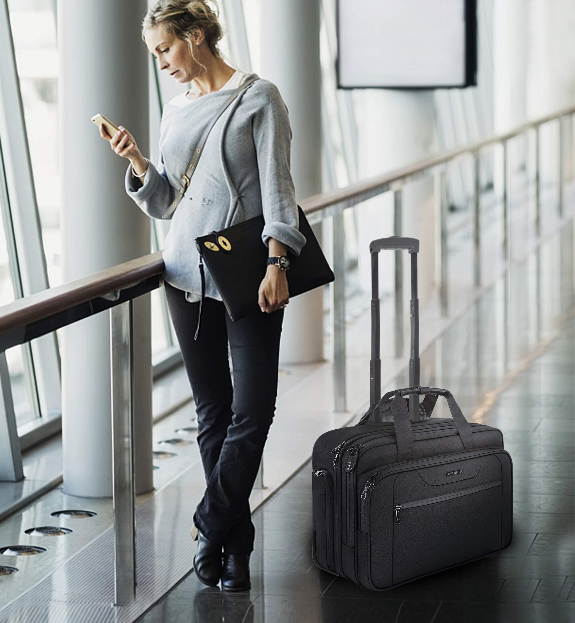 Premium KROSER Rolling Laptop Bag with Wheels - Fits 17.3 Inch Laptop, RFID Pockets for Security - Durable Wheeled Briefcase for Business Travel, Commuting & Overnight Trips (Black, Unisex Design for Men & Women) - Perfect for Airports, Offices & Daily Professional Use