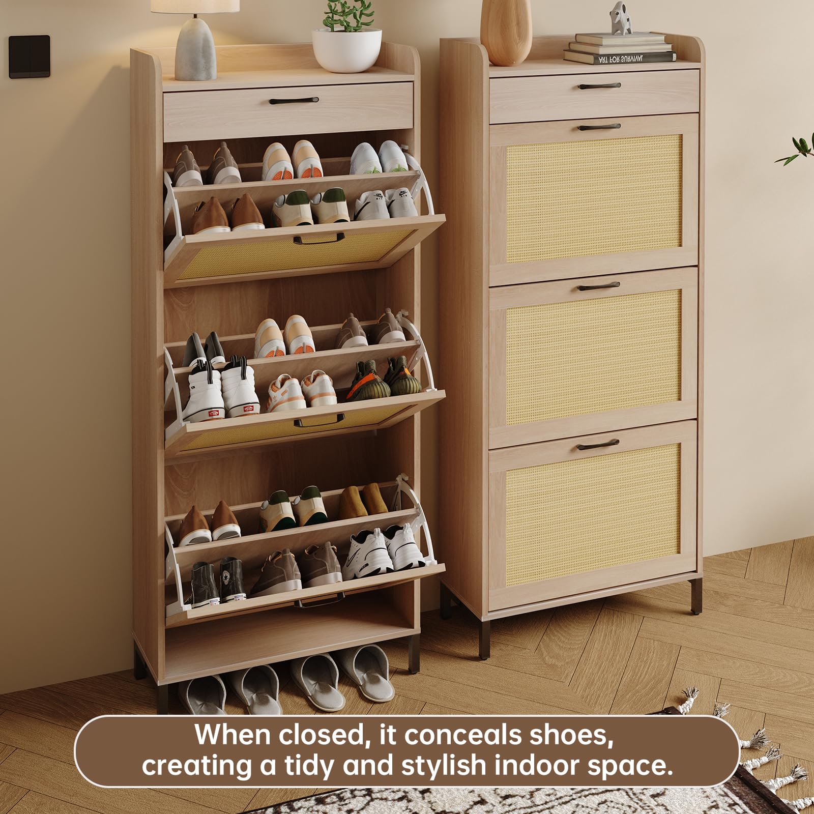 Rattan Shoe Storage Cabinet with 3 Flip Drawers & 1 Drawer - Narrow Freestanding Shoe Organizer for Entryway, Hallway, Living Room & Bedroom - Slim Hidden Shoe Cabinet with Metal Legs - Perfect for Small Spaces & Clutter-Free Home Organization
