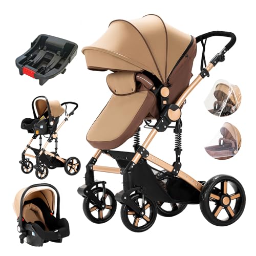 **3-in-1 Baby Travel System | Foldable Reversible Stroller with Reclining Seat & Base | Newborn to Toddler Pushchair (Khaki) – Perfect for Shopping, Travel & Daily Walks**