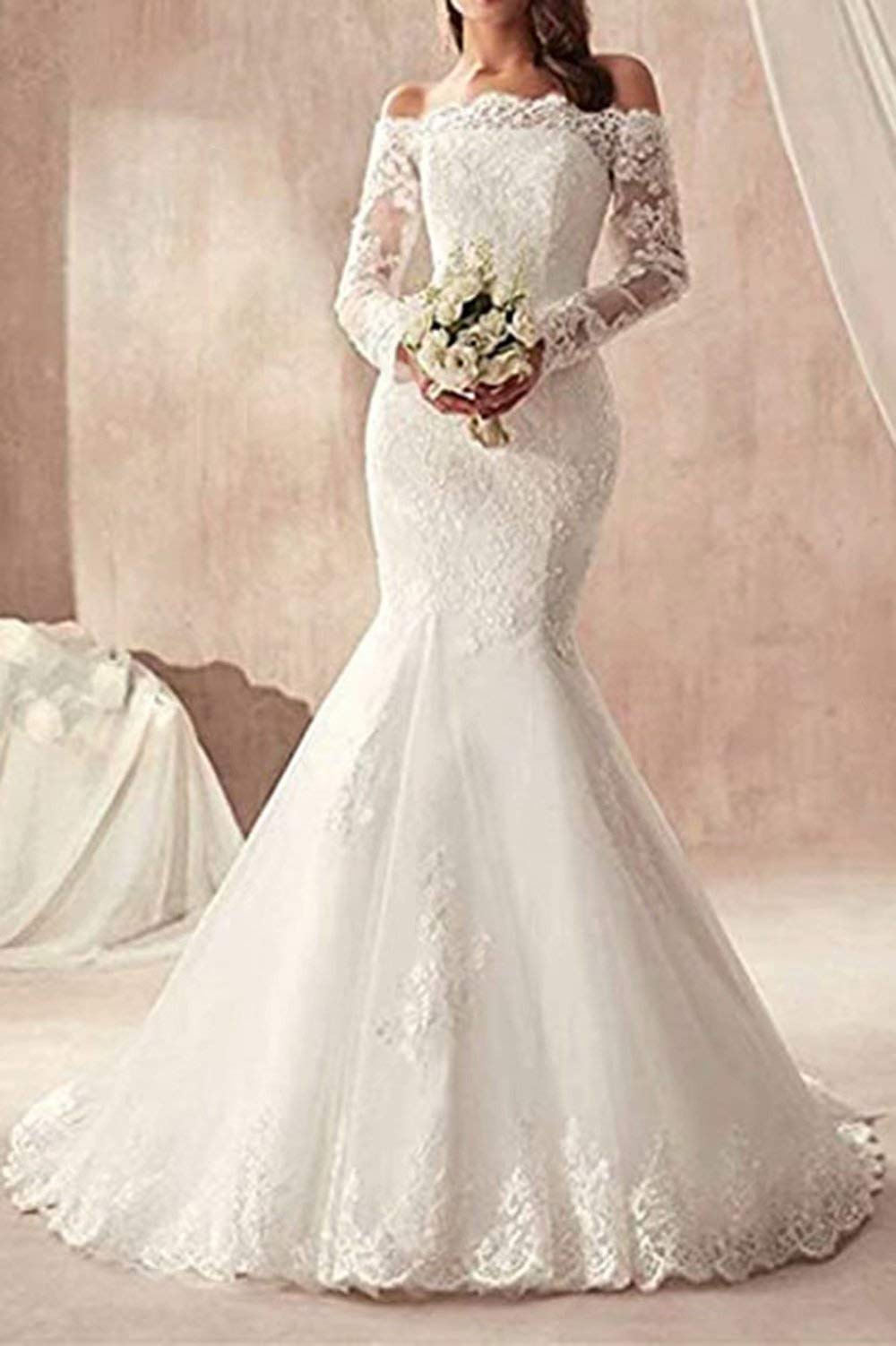 Off Shoulder Long Sleeve Lace Mermaid Wedding Dress for Bride - Elegant A-Line Bridal Gown for Women | Perfect for Beach, Church & Formal Weddings