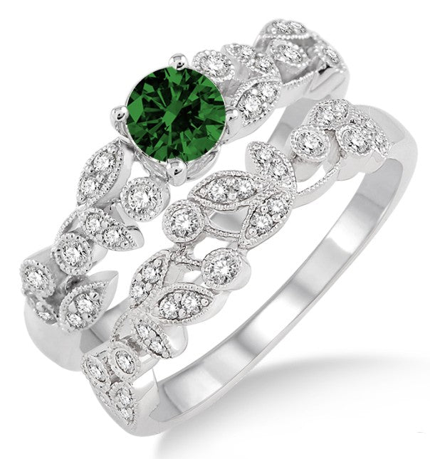 1.25 Carat Emerald Vintage Floral Bridal Ring Set in 10k White Gold - Perfect for Engagement, Wedding & Anniversary Gifts