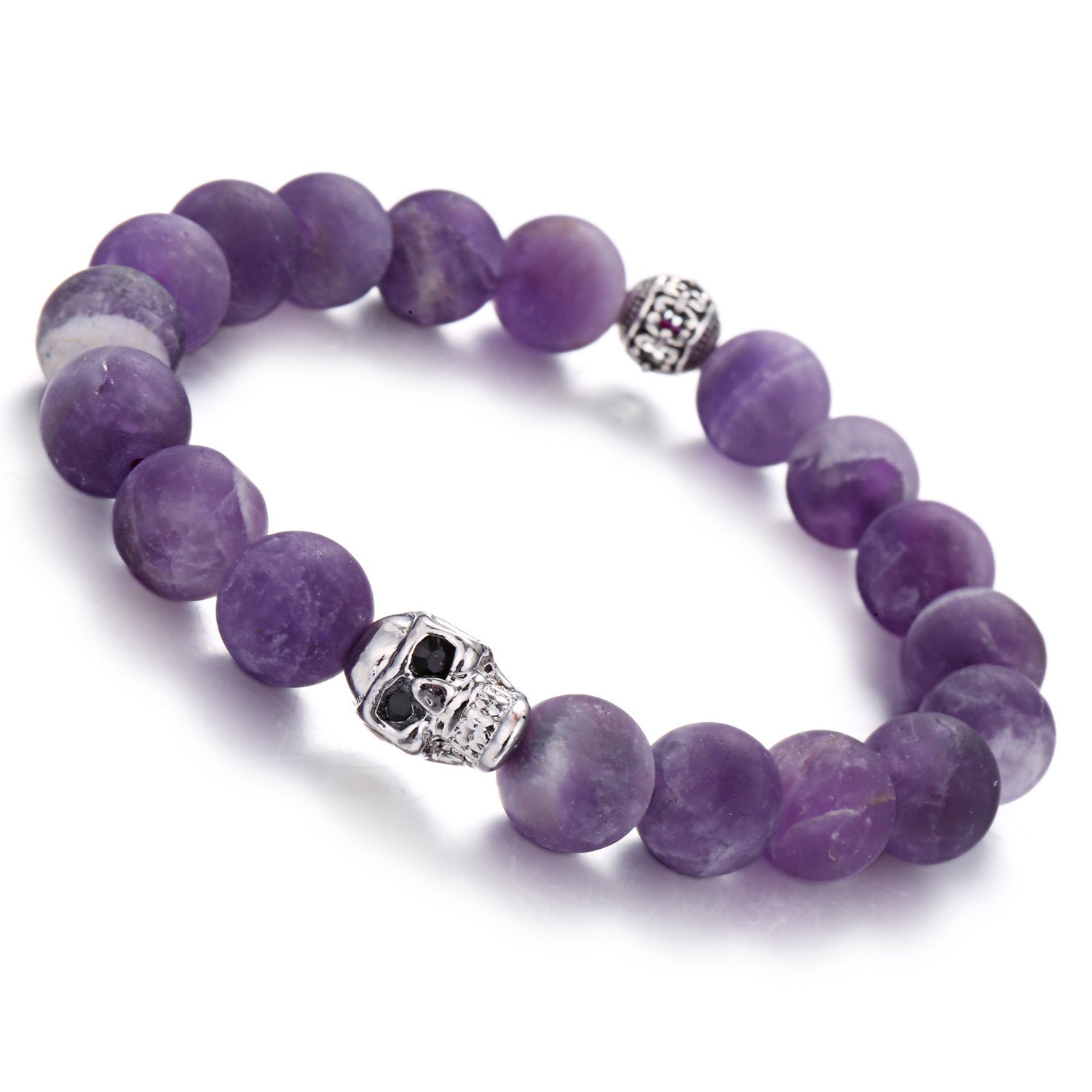 Amethyst Bracelet with Silver Skull Charm - Matte Round Beads 10mm, 7.5 Inch Adjustable Length | Spiritual Healing, Boho Fashion & Gift for Women
