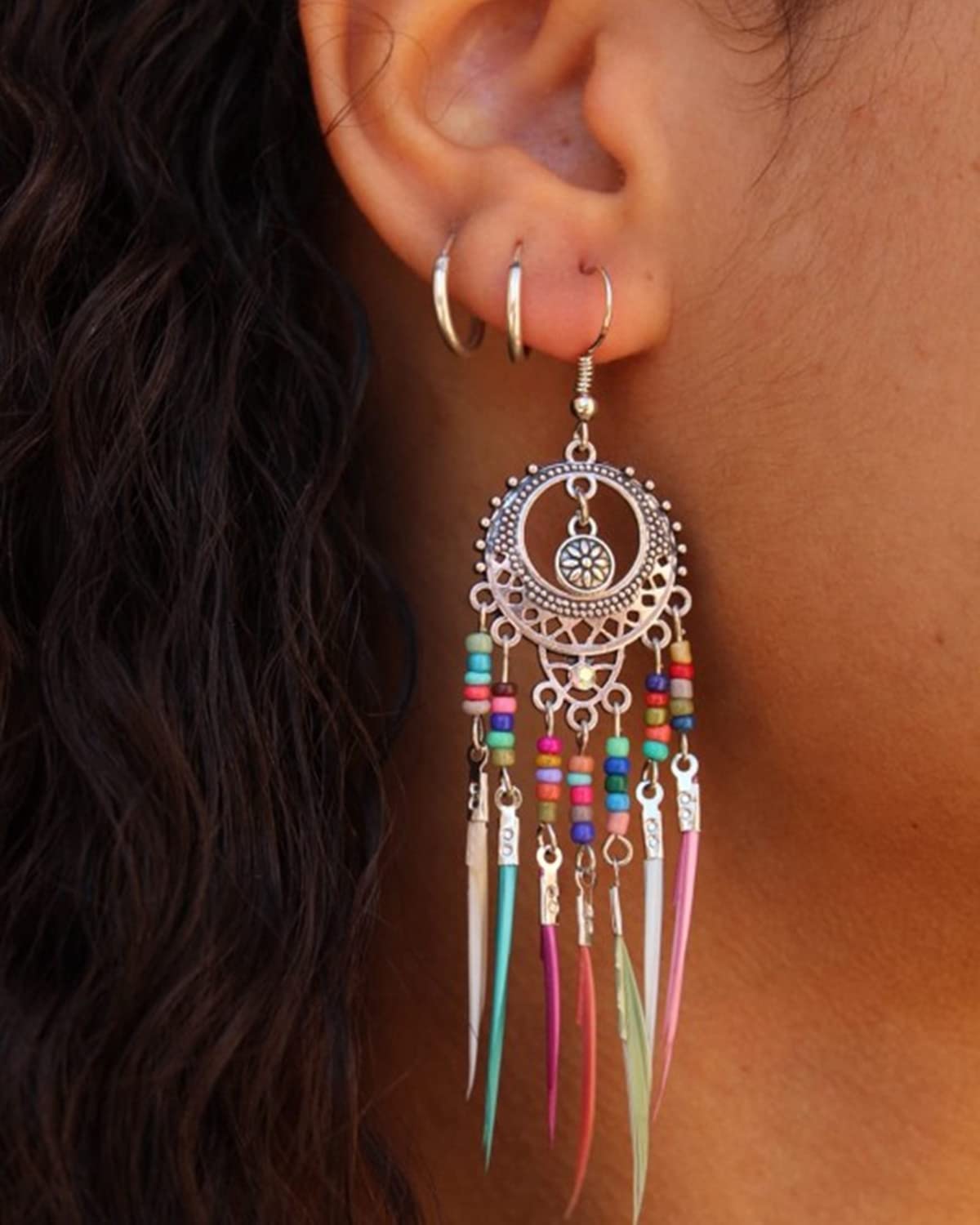 Bohemian Feather Tassel Earrings Set - 2 Pairs Native American Beaded Dangle Earrings for Women | Vintage Indian Carved Hollow Out Ethnic Jewelry | Perfect for Festivals, Boho Outfits & Cultural Events