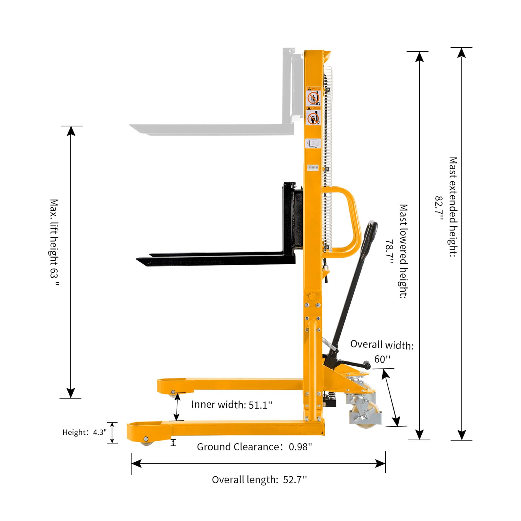 APOLLOLIFT 2-Piece Manual Pallet Stacker with Straddle Legs - 1100lbs Capacity, 63inch Max Lifting Height, Adjustable Forks - Ideal for Warehouse, Factory & Loading Dock Operations