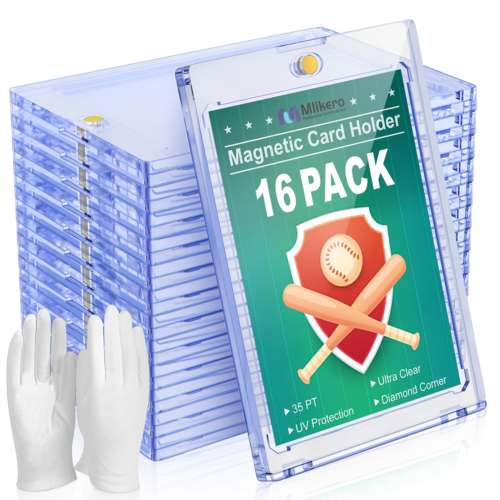 16ct Magnetic Card Holder for Trading Cards - 35pt Ultra Clear Baseball Card Protector, Hard Plastic Sleeves for Sports & Game Cards - Perfect for Collectors, Storage & Display