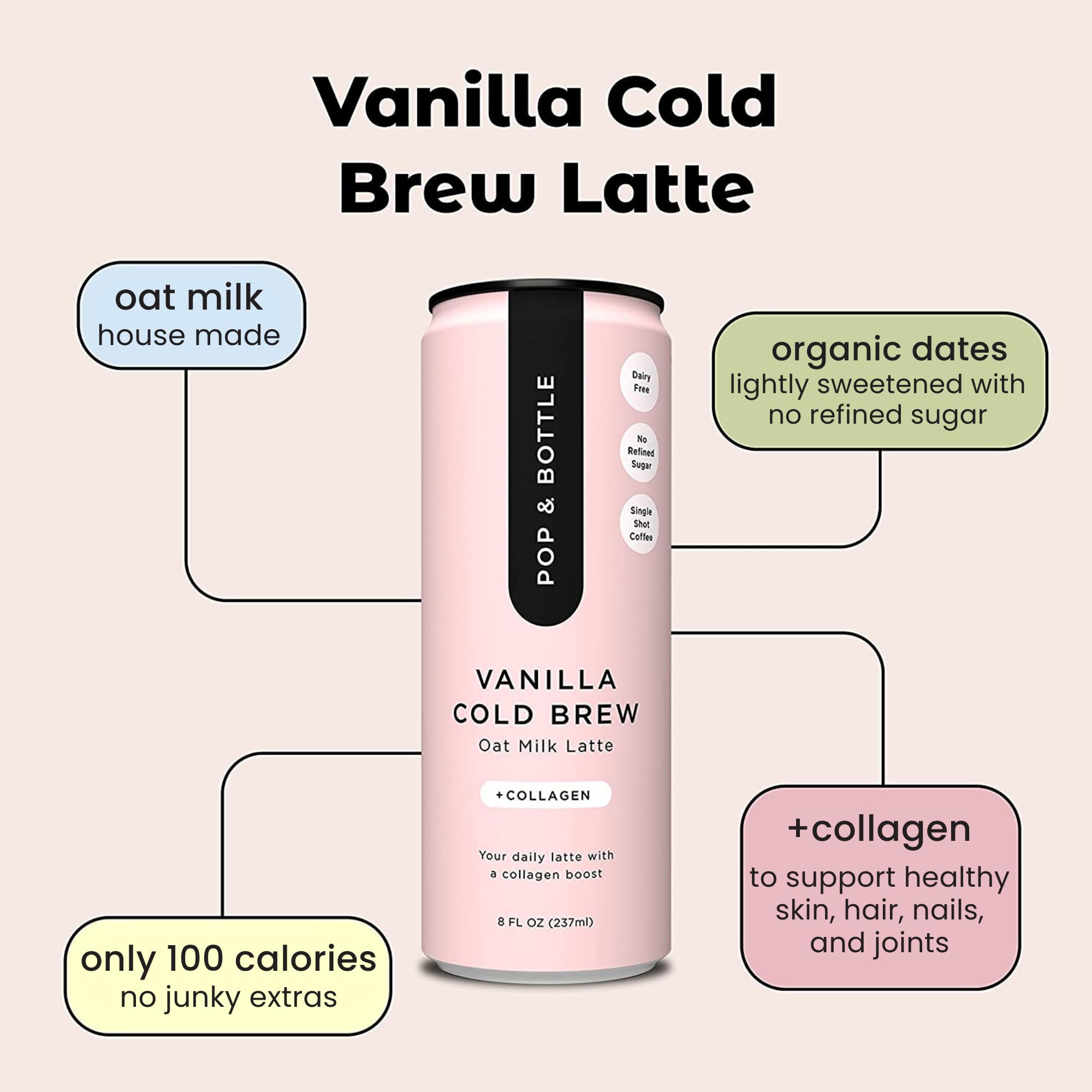Organic Oat Milk Lattes with Marine Collagen & MCT Oil - Dairy Free, Gluten Free, Lightly Sweetened with Dates - Vanilla Flavor Cold Brew Coffee, 8 Fl Oz (12 Pack) - Perfect for Iced Coffee, Breakfast, On-the-Go Snacks & Post-Workout Recovery