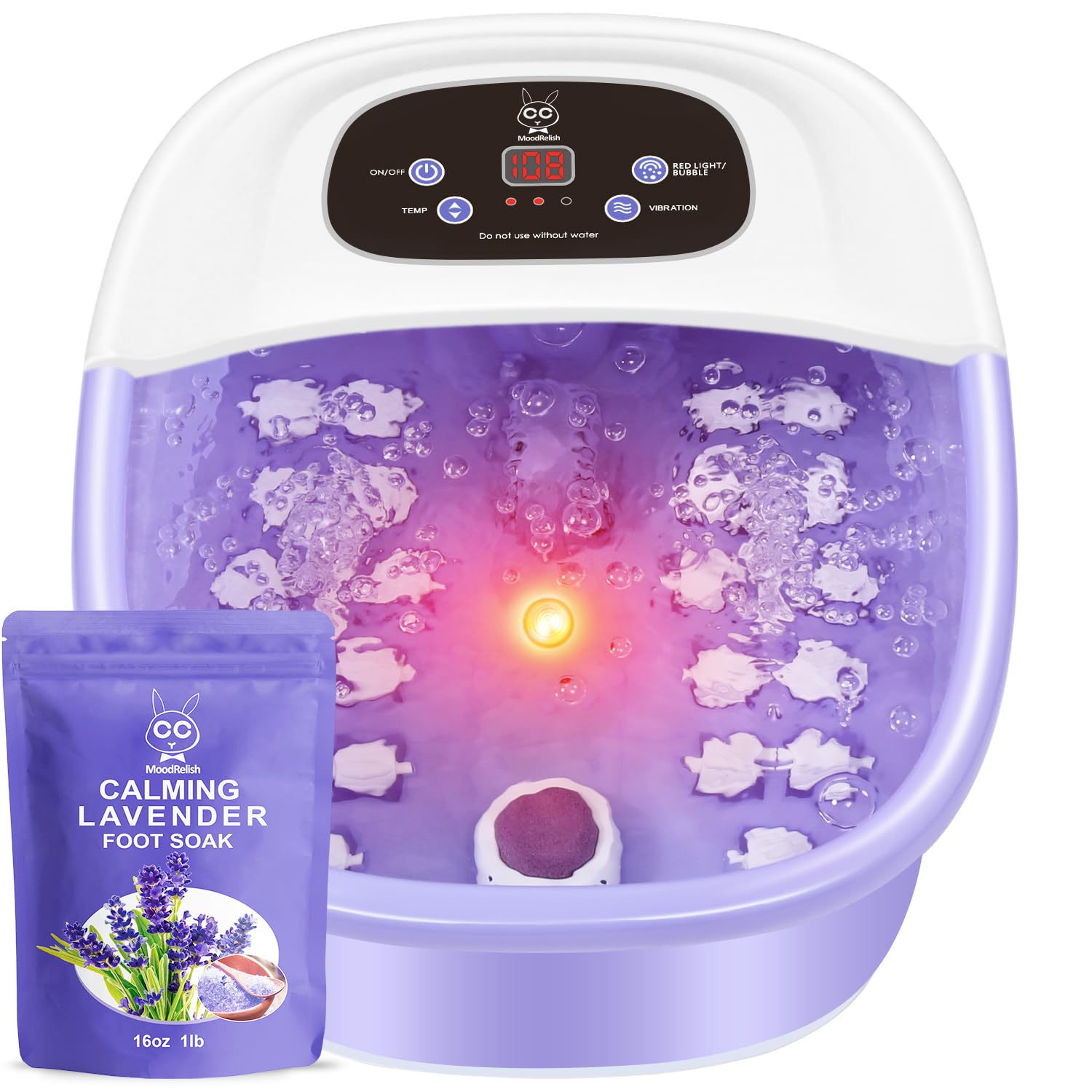 Relaxing Foot Spa Bath Massager with Heat, Bubbles & Vibration - 16 OZ Lavender Epsom Salt Included - Red Light Therapy & 22 Rollers for Deep Massage - Adjustable Temperature (Purple) - Perfect for Home Spa, Stress Relief & Foot Pain Relief After Work