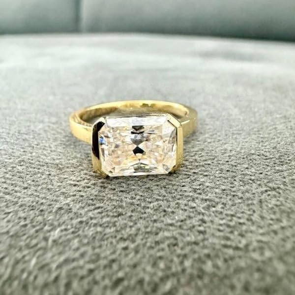 2.50 Ct Radiant Cut East West Diamond Solitaire Promise Ring - 14K Yellow Gold Plated 925 Sterling Silver - Elegant Half Bezel Set Engagement Ring - Handmade Jewelry for Proposal, Anniversary & Special Occasions