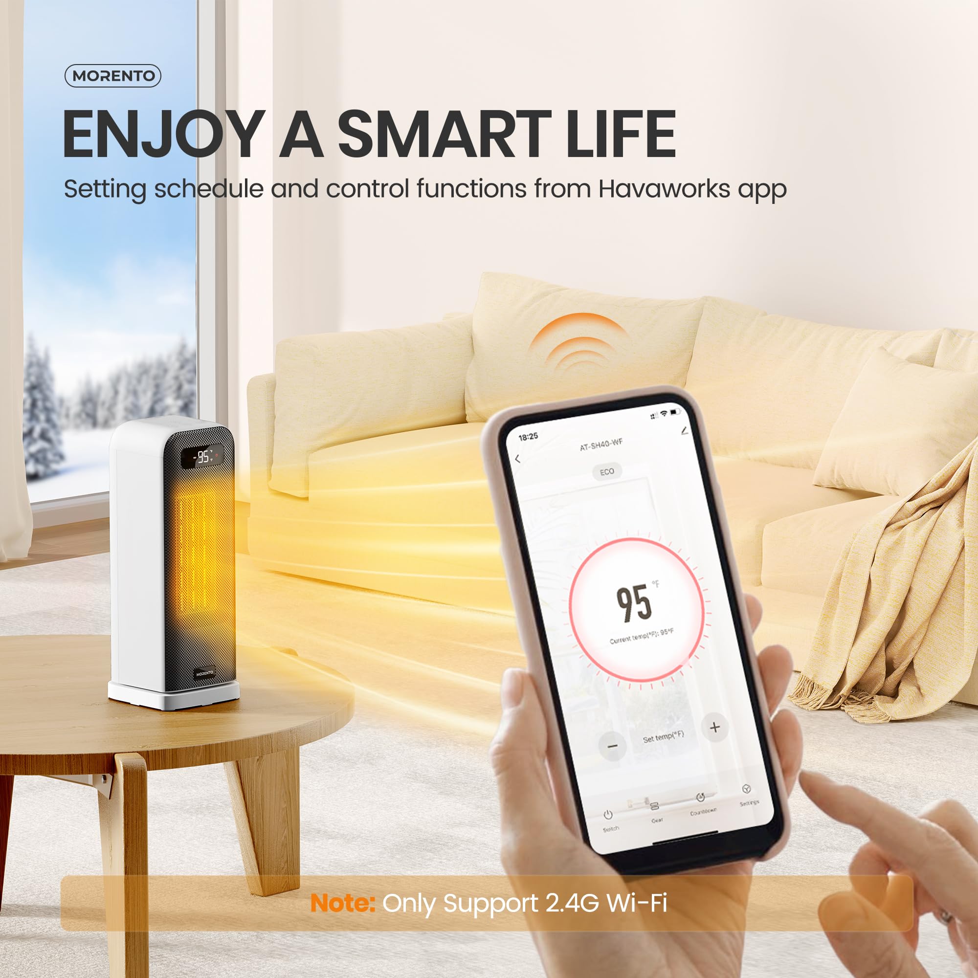 MORENTO Smart WiFi Space Heater with Voice Control, 1500W Portable Electric Heater with Thermostat & 12H Timer, Quiet Indoor Heater for Office, Bedroom, Home - Perfect for Winter Warmth & Energy Saving (White)