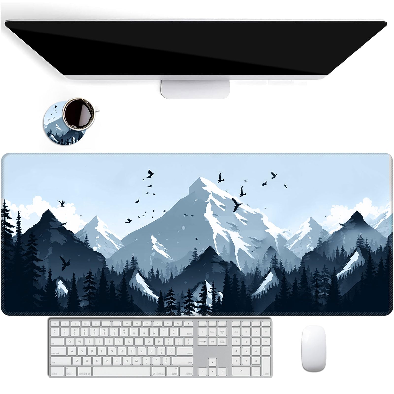 XXL Extended Mouse Pad with Coaster - 31.5x11.8 Inch Large Desk Mat with Non-Slip Base & Stitched Edge - Mountain Forest Design - Perfect for Gaming, Office Work & Home Computer Setup