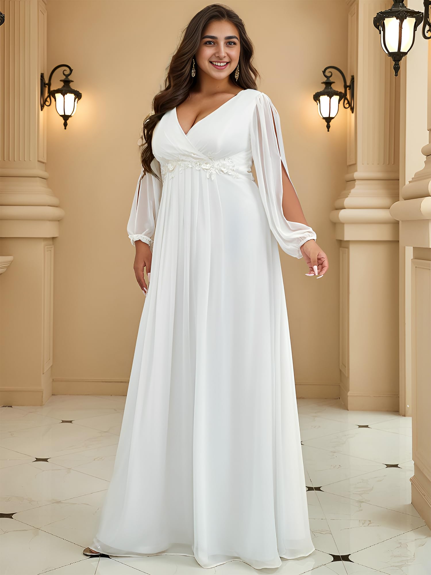 Ever-Pretty Plus Size Women's Formal Dress - V Neck Floor Length Floral Applique Lantern Sleeves Evening Gown for Curvy Women | Wedding Guest, Prom, Cocktail Party, Special Occasion
