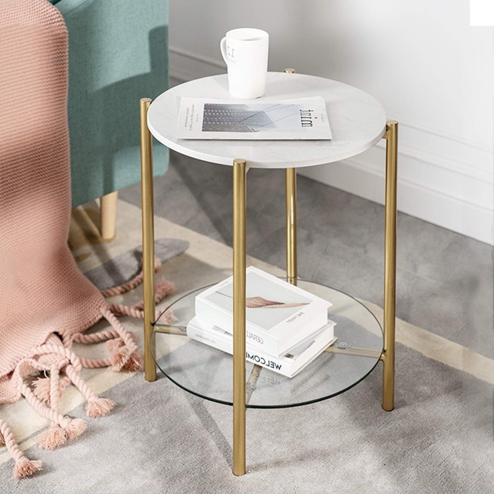 Juan Marble & Tempered Glass 2-Tier Round Side Table - Golden Wrought Iron Nightstand for Living Room & Bedroom (45x60cm) - Perfect for Coffee Table, Sofa End Table, and Bedside Storage