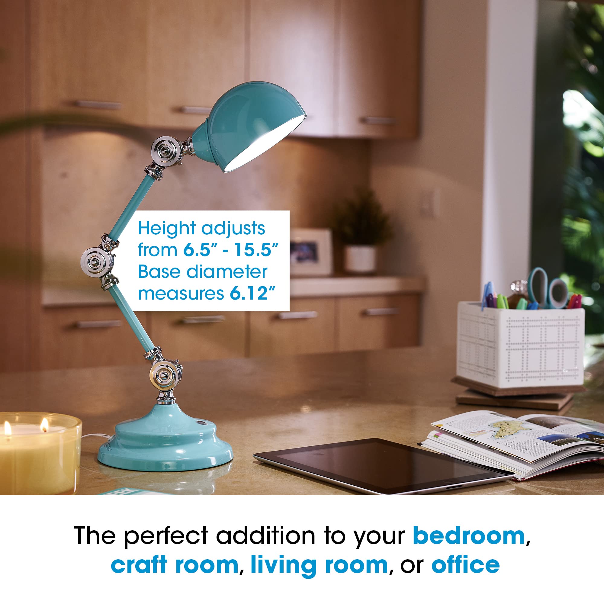OttLite Revive LED Desk Lamp with ClearSun LED Technology - 3 Brightness Levels, Touch Controls, USB Charging Port & Adjustable Arms | Perfect for Reading, Studying, Home Office & Crafting (Turquoise)