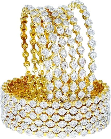 12 Pcs Gold Plated American Diamond Zircon Bangle Bracelets Set for Women - Traditional Indian Bollywood Bridal Wedding Jewelry - Perfect for Weddings, Parties & Special Occasions
