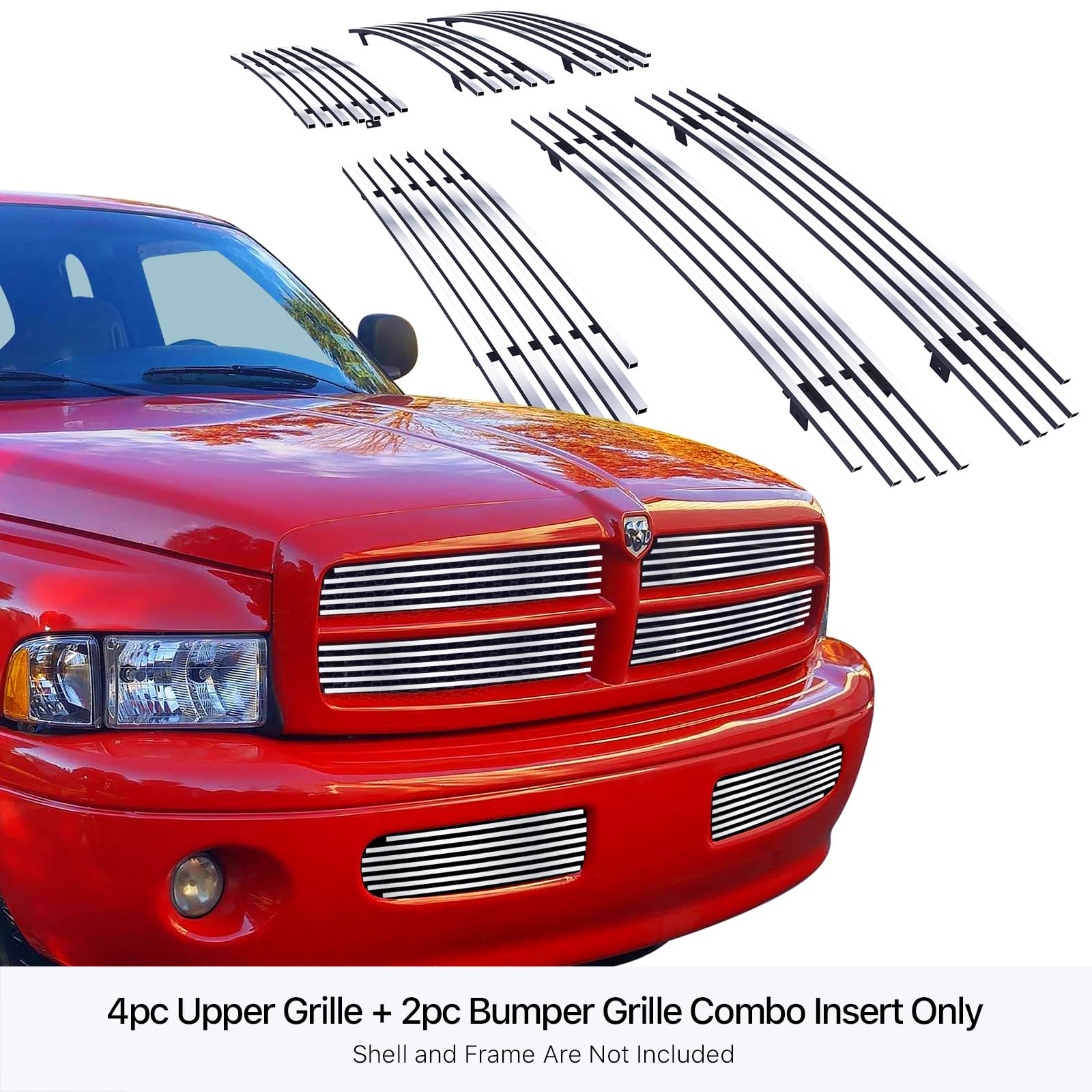 APS Chrome Billet Front Grill Grille Insert Combo D87948A for Dodge Ram 1999-2001 Sport - Upper & Lower Bumper Replacement - Perfect for Off-Roading & Truck Customization