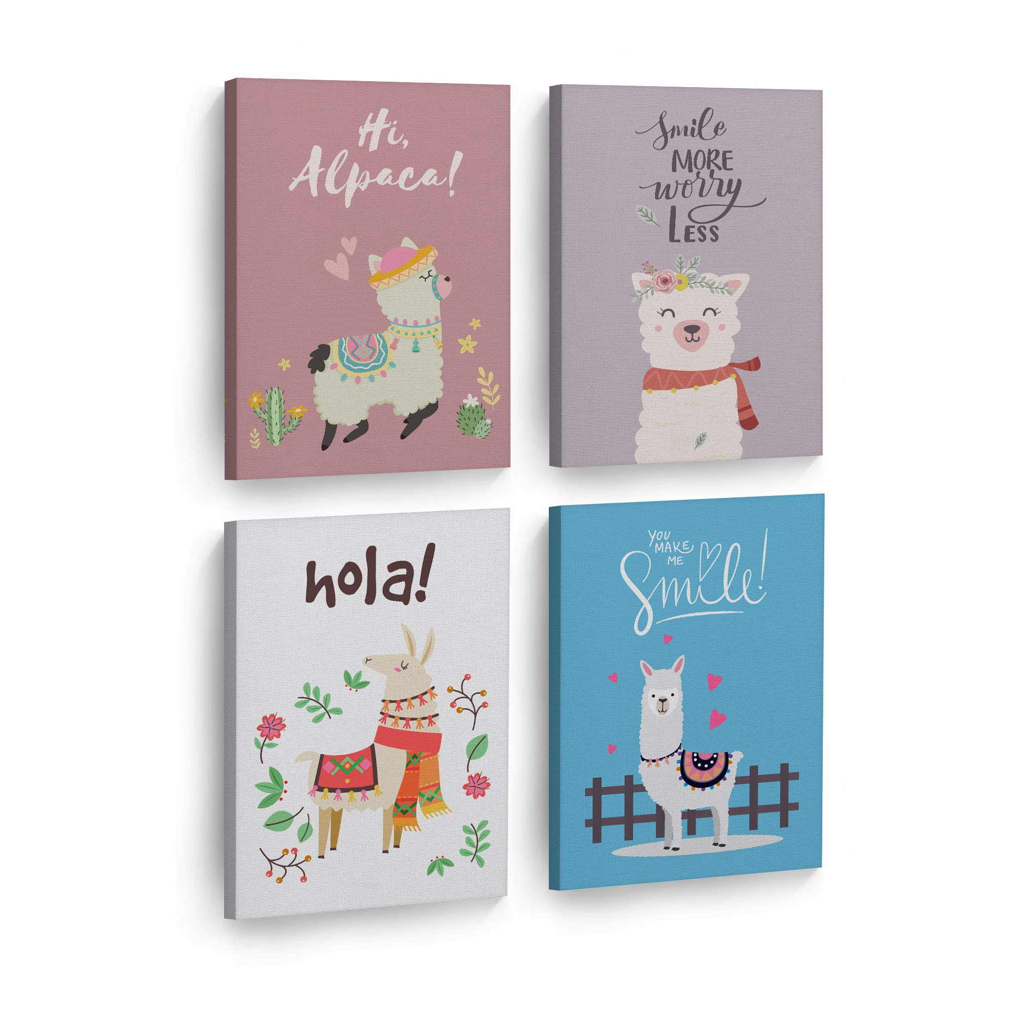 Smile Art Design Cute Alpaca Canvas Print Set - Pink, Purple, White & Blue Background - 4 Piece Kids Room Wall Art Decor for Baby Boy & Girl - Ready to Hang - Made in USA (22x15) - Perfect for Nursery, Bedroom & Playroom Decorations