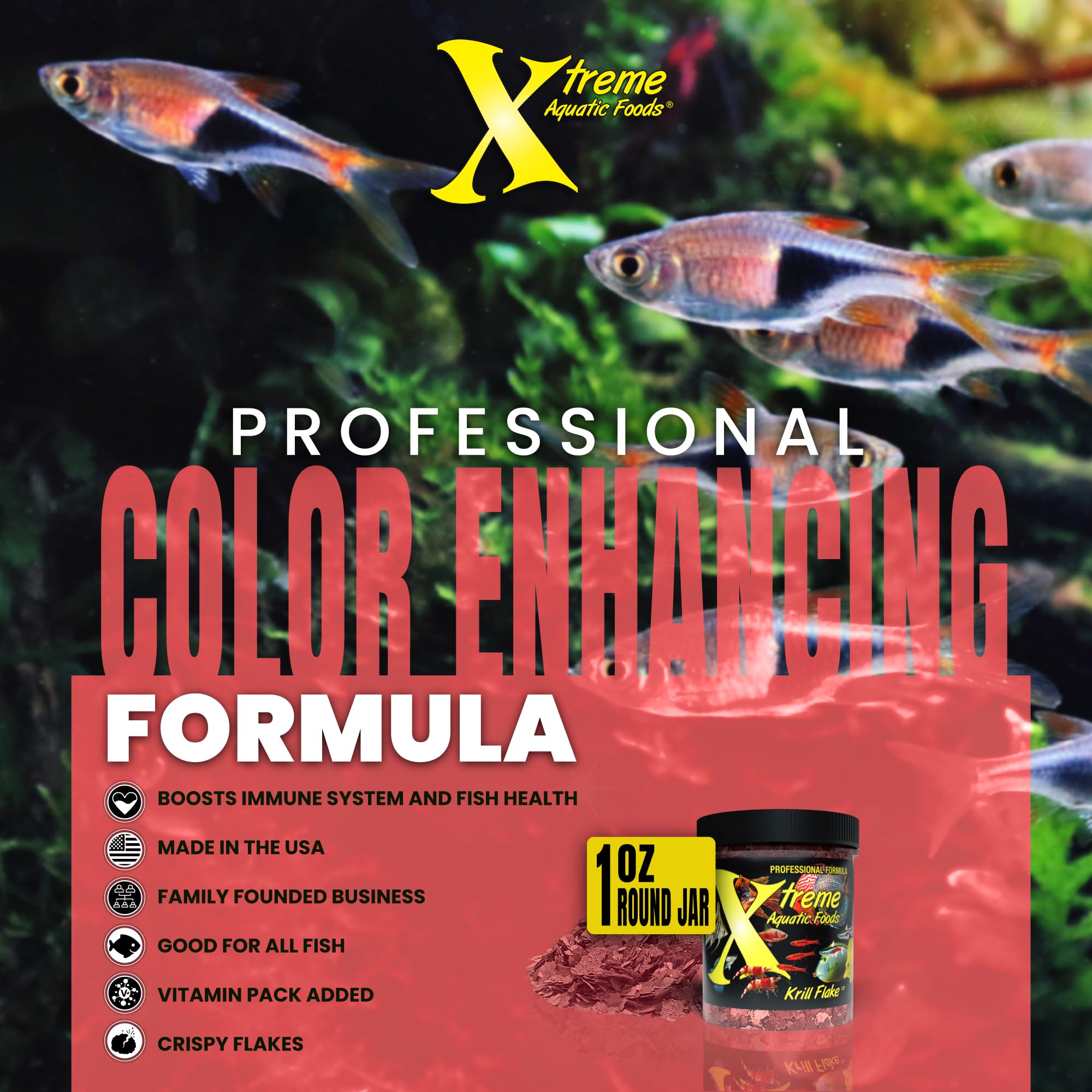 Xtreme Krill Flakes - Premium High Protein Freshwater Fish Food with 100% Krill & Shrimp, Rich in Vitamins for Immune & Digestive Health - Enhances Fish Color & Energy - USA Farm Grown (1oz) - Ideal for Tropical Fish, Goldfish, Betta & Community Aquariums
