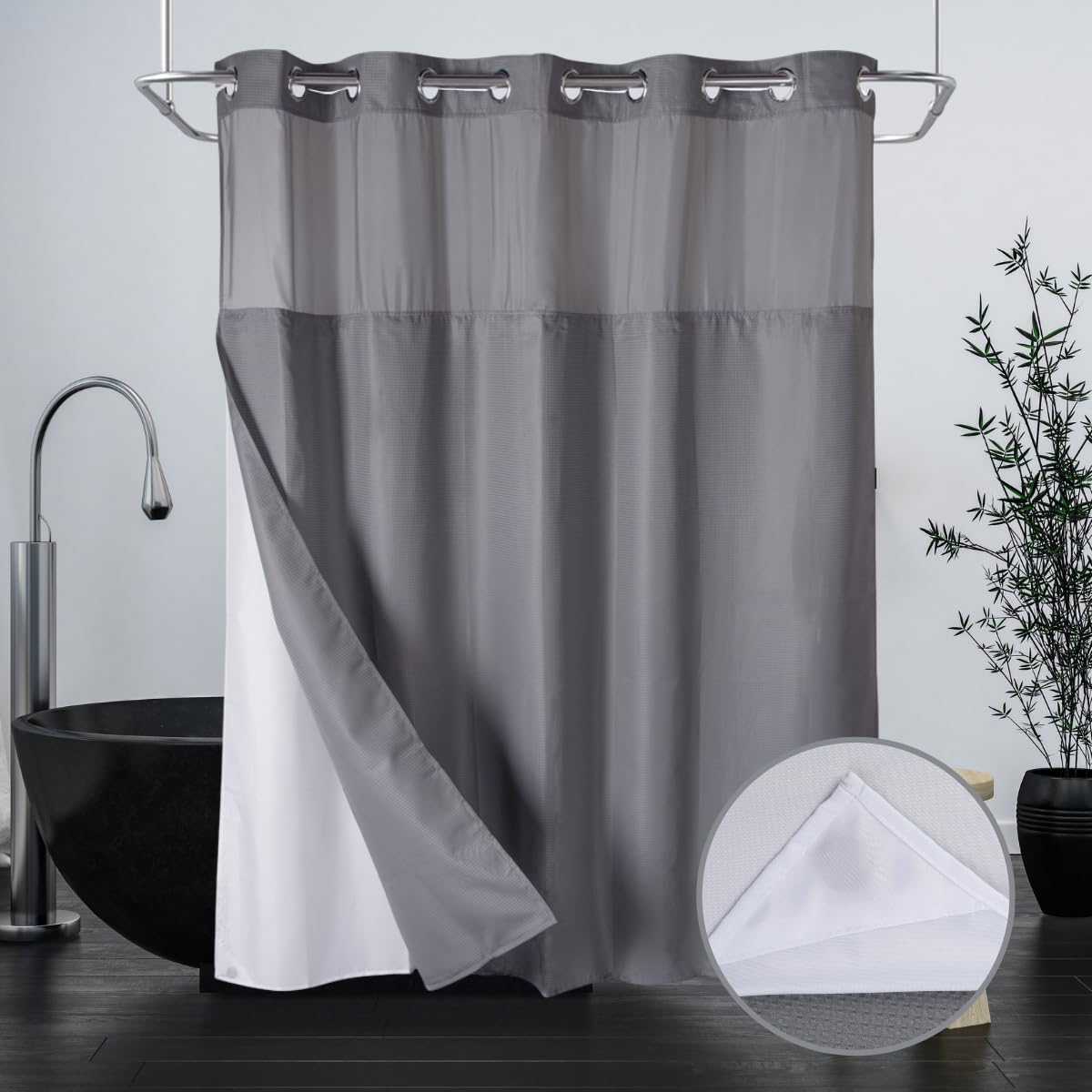 Extra Long 71x79 Inch Gray Waffle Weave Shower Curtain with Removable Polyester Liner - Heavy Duty Waterproof Bathroom Decor for Modern Homes