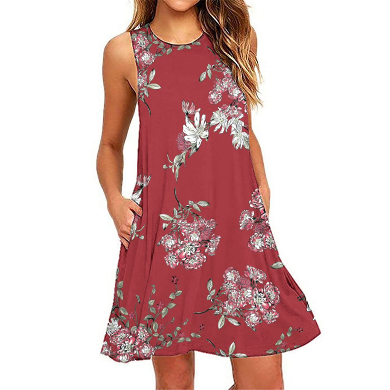 Ruziyoog Women's Summer Sleeveless Tank Dress - Crewneck Solid Color A-Line Mini Dress with Pockets | Casual Short Dress for Beach, Vacation & Daily Wear