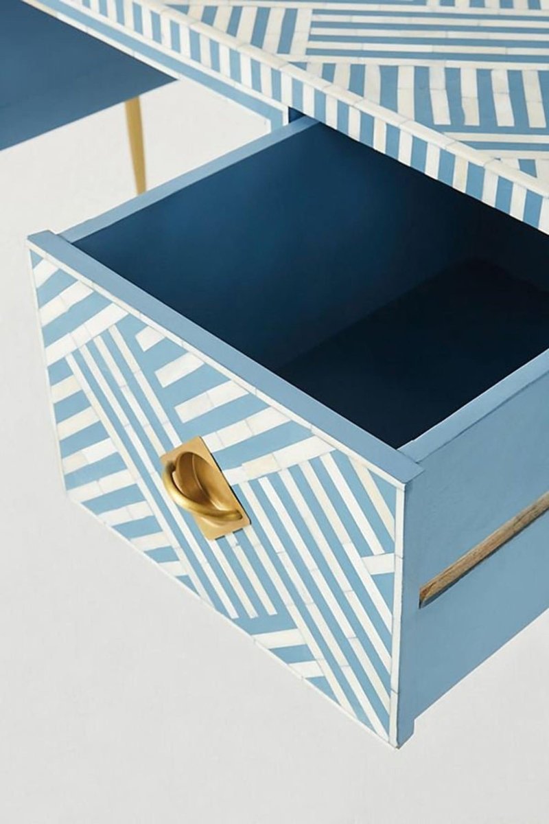 Handmade Sky Blue Bone Inlay Writing Desk with 2 Drawers - Elegant Home Office Furniture for Study & Workspace Decor