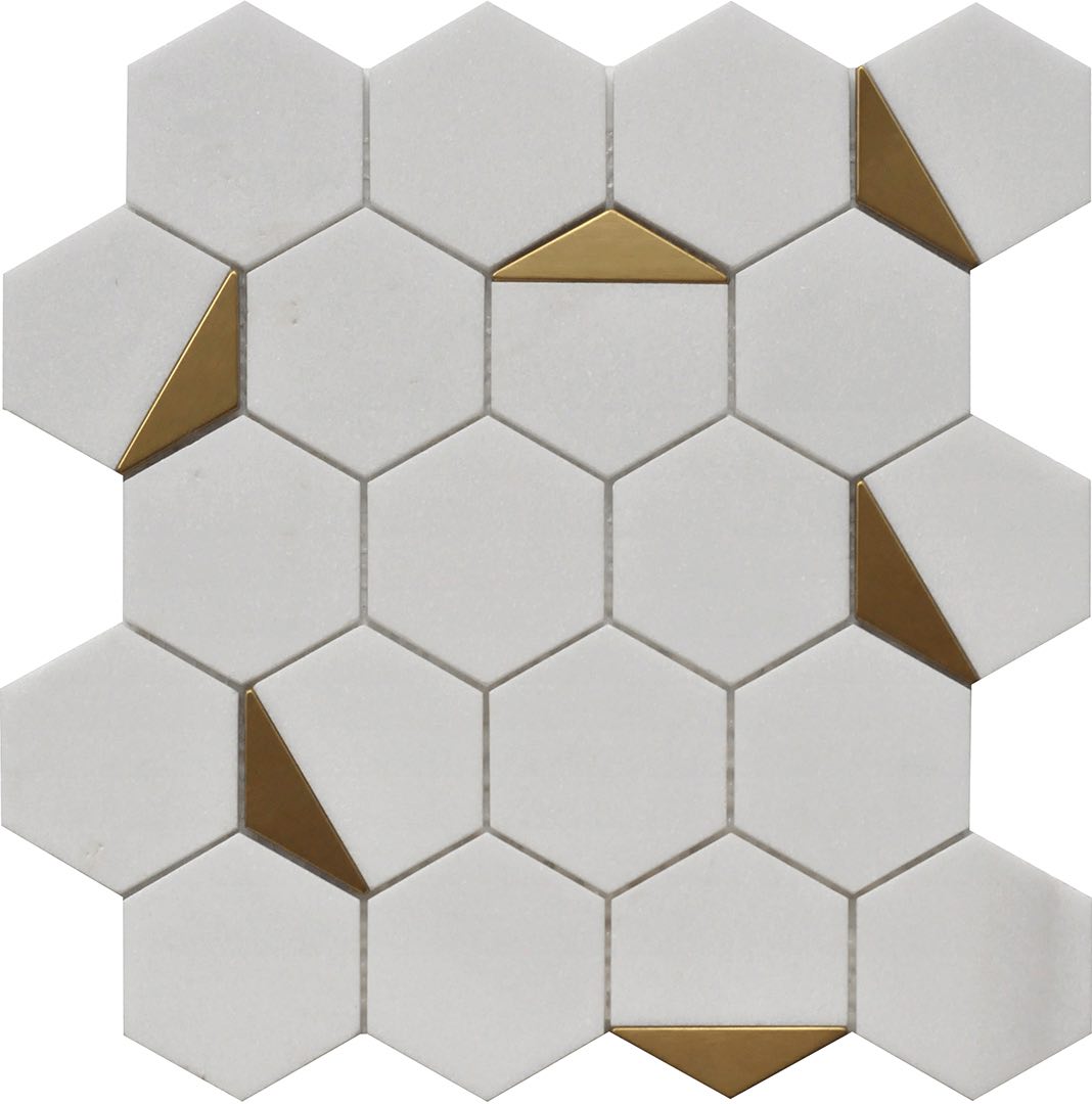Premium Brass Gold Thassos Hexagon Mosaic Tile - Elegant Backsplash & Bathroom Wall Decor for Modern Homes