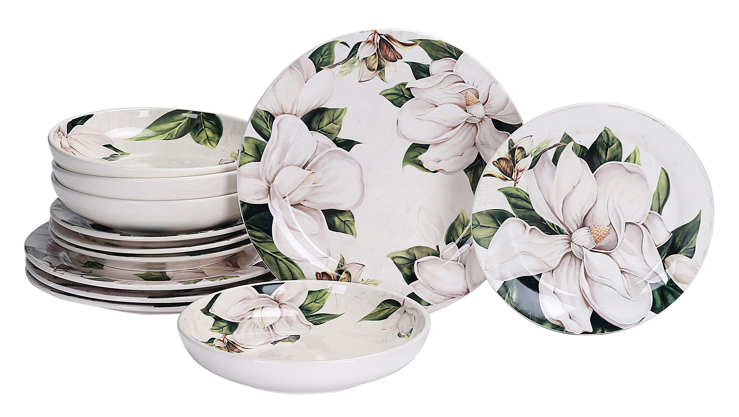 Bico Magnolia Floral Ceramic 12-Piece Dinnerware Set - Service for 4, Includes 11-Inch Dinner Plates, 8.75-Inch Salad Plates & 35-Oz Pasta Bowls - Microwave & Dishwasher Safe - Perfect for Parties, Family Dinners & Everyday Use