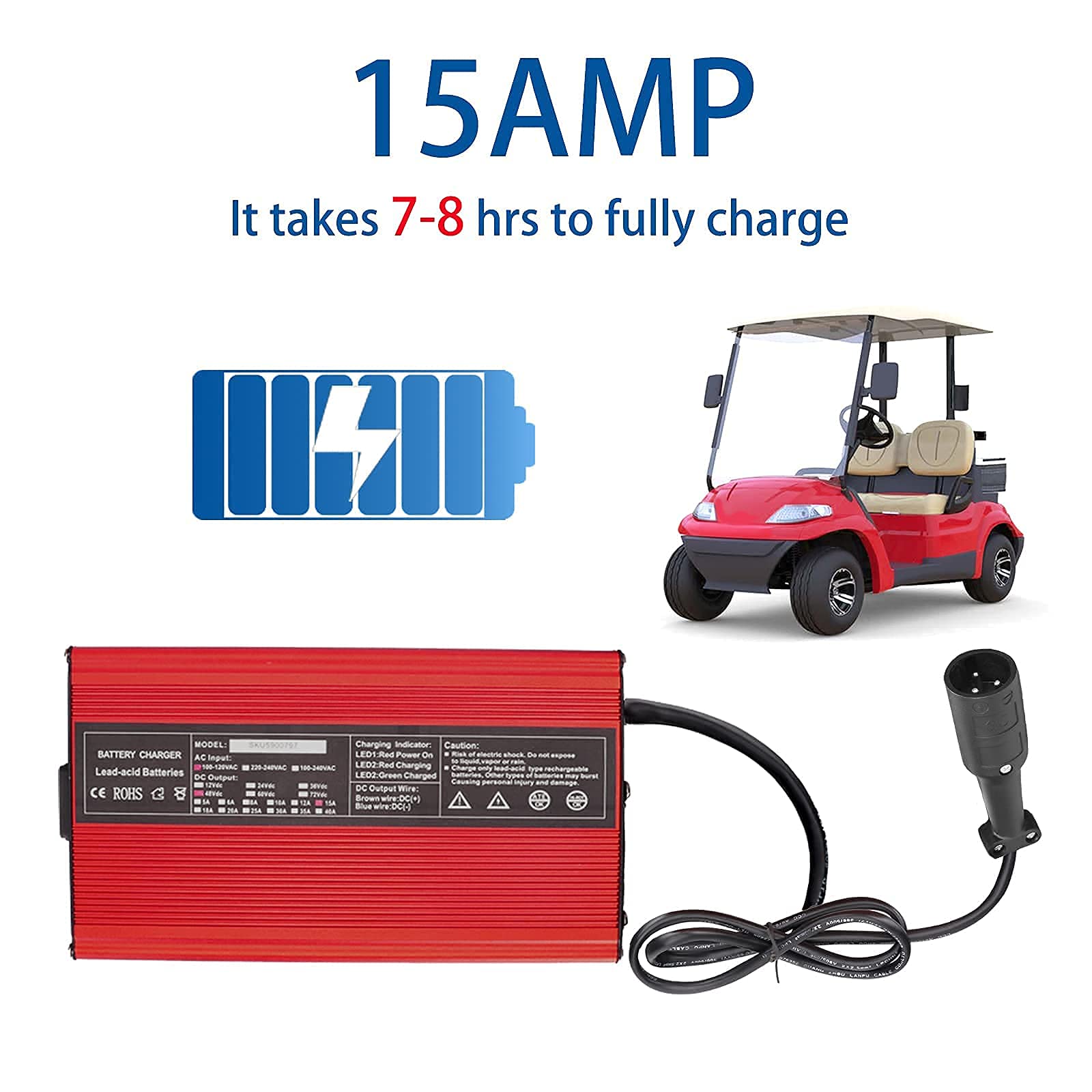 48V 15AMP Golf Cart Battery Charger for Club Car with 3-Pin Round Plug | Fast Charging, Waterproof Design | Perfect for Golf Courses, Resorts & Home Use