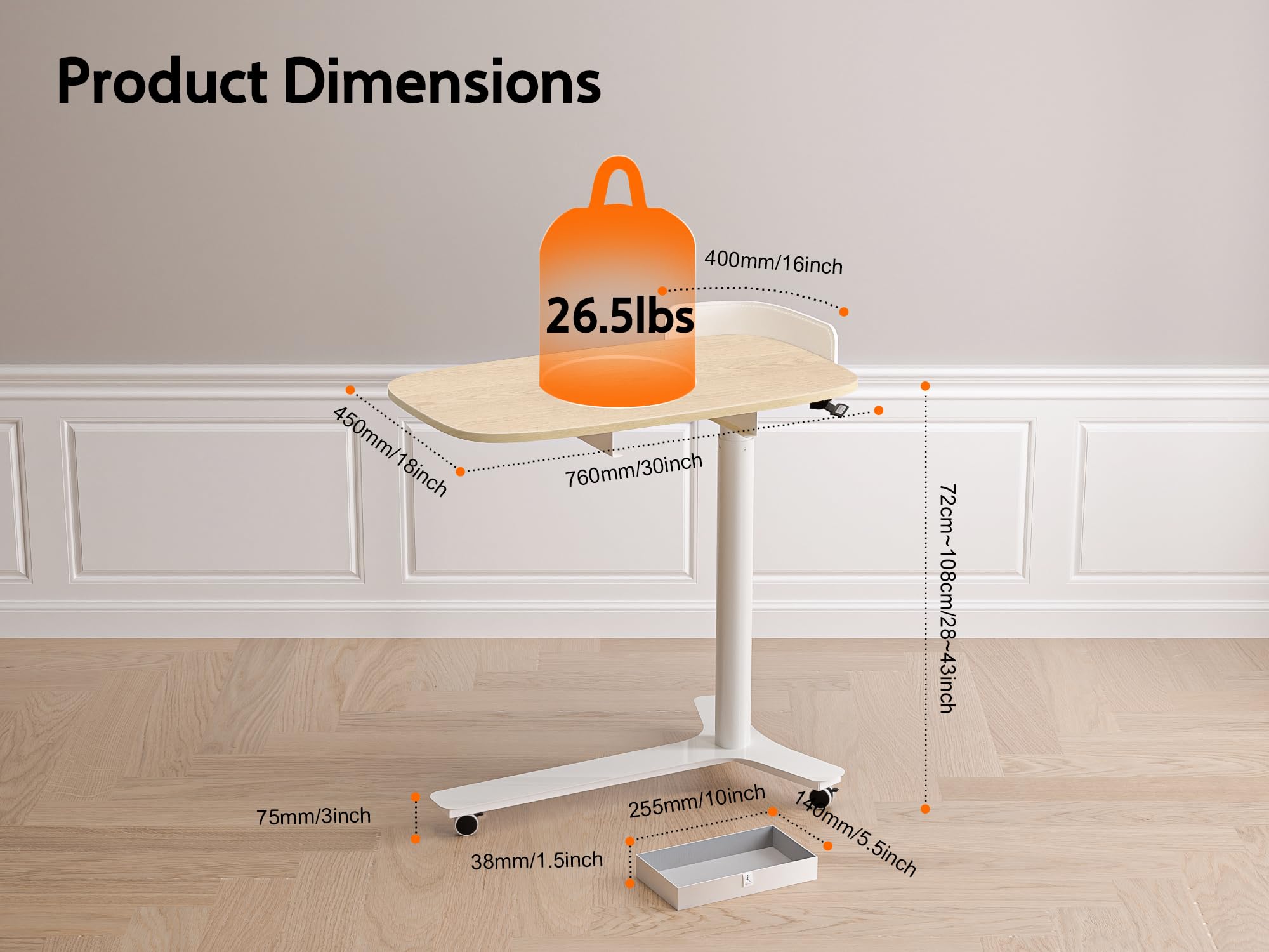 Adjustable Height Rolling Desk with Drawer & Wheels - Portable Standing Desk for Home Office, Mobile Computer Laptop Cart, Medical Overbed Table - Oak Finish | Perfect for Small Spaces, Work from Home & Hospital Use