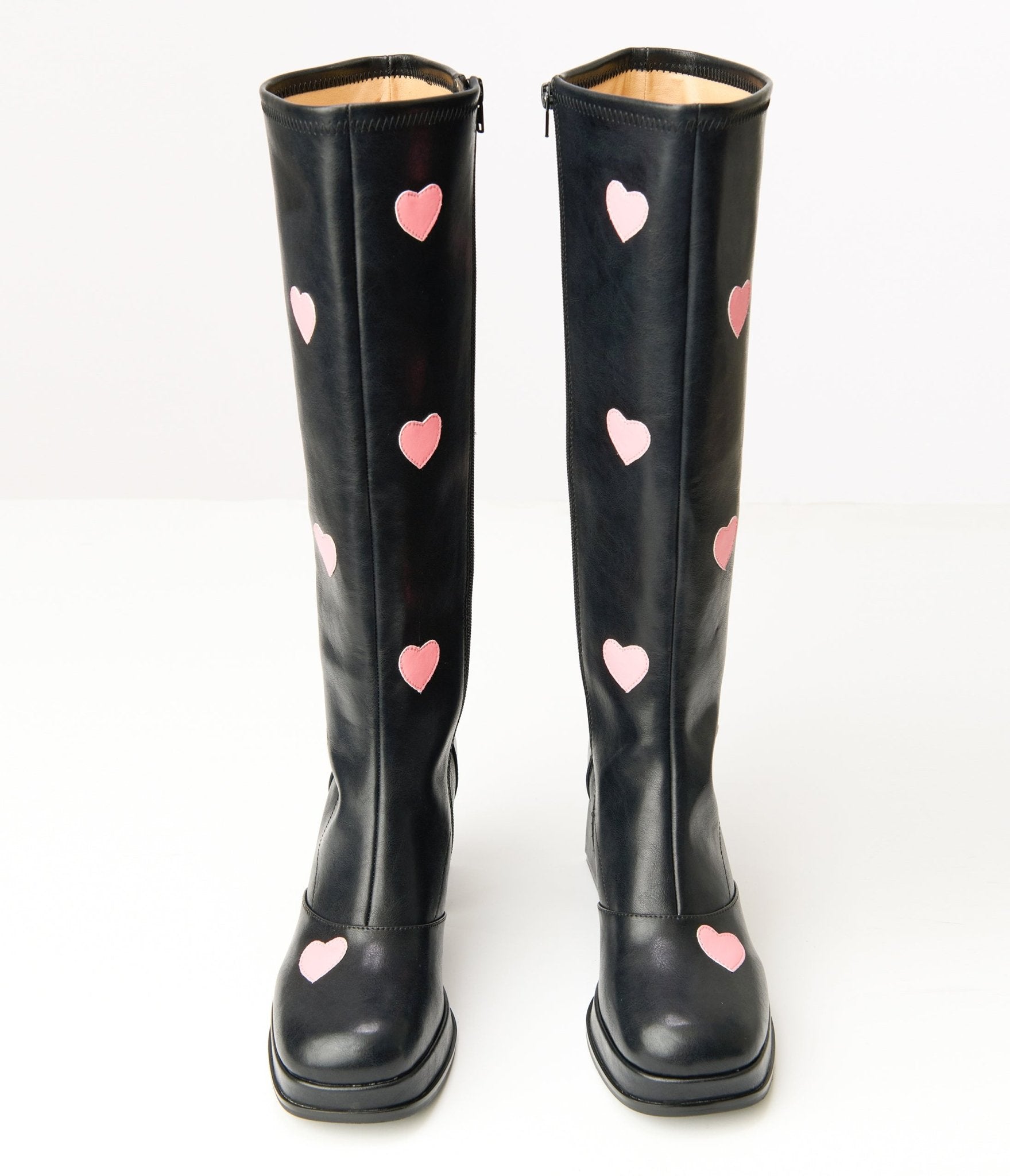 Vintage Black & Pink Hearts Leatherette Knee High Boots for Women - Retro Fashion, Gothic Style, Valentine's Day Outfits, Cosplay & Party Wear