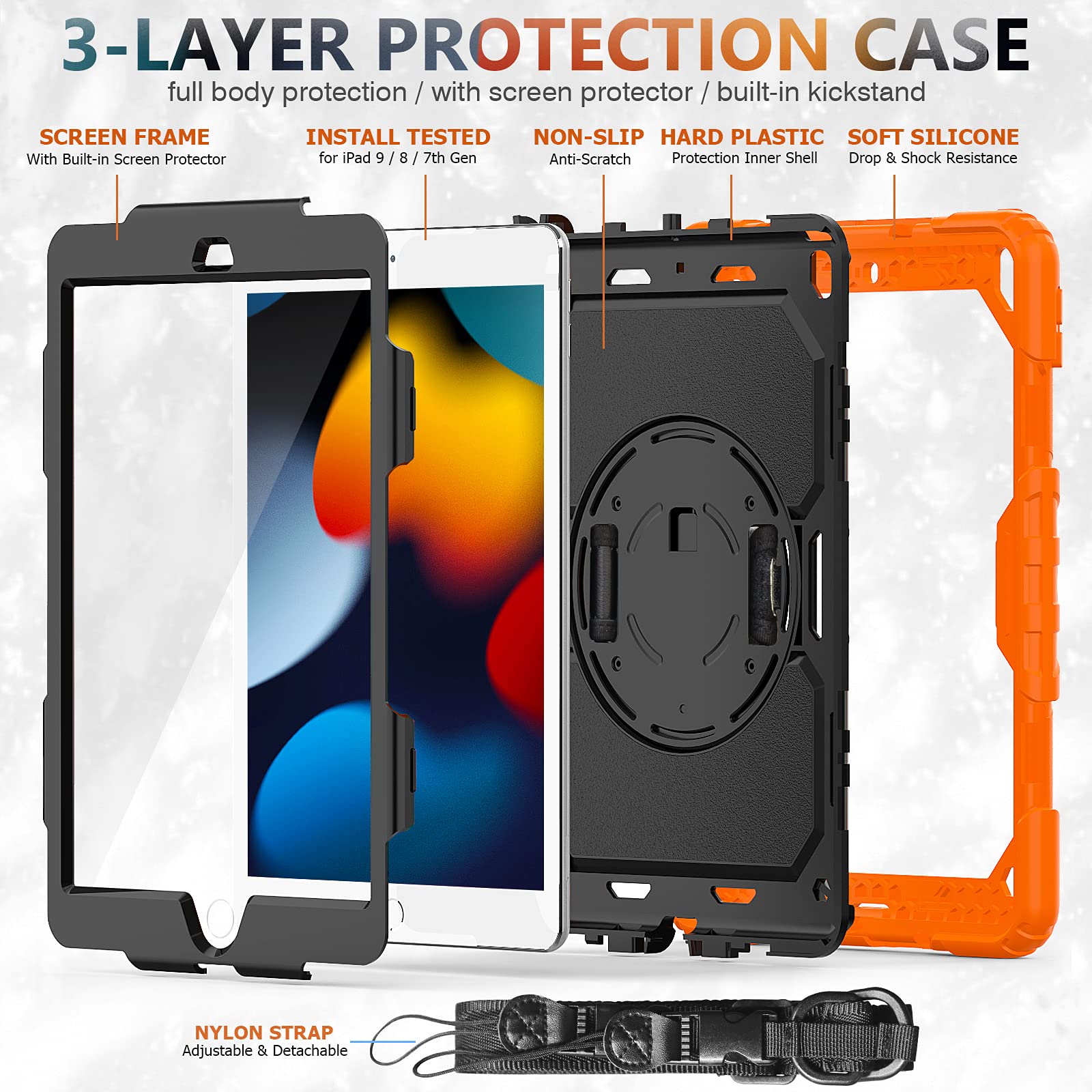 Shockproof Rugged Case for iPad 10.2 Inch (7th/8th/9th Gen) with Screen Protector, Pencil Holder & Kickstand - Durable Protective Cover for Kids Boys Girls - Black & Orange | Perfect for School, Travel & Outdoor Activities