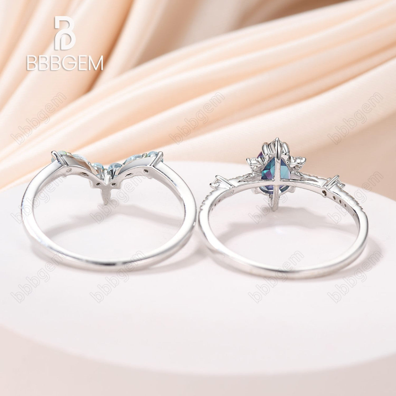 Exquisite Pear Cut Alexandrite Engagement Ring with Curved Topaz Matching Band - Perfect for Proposals, Anniversaries & Special Occasions