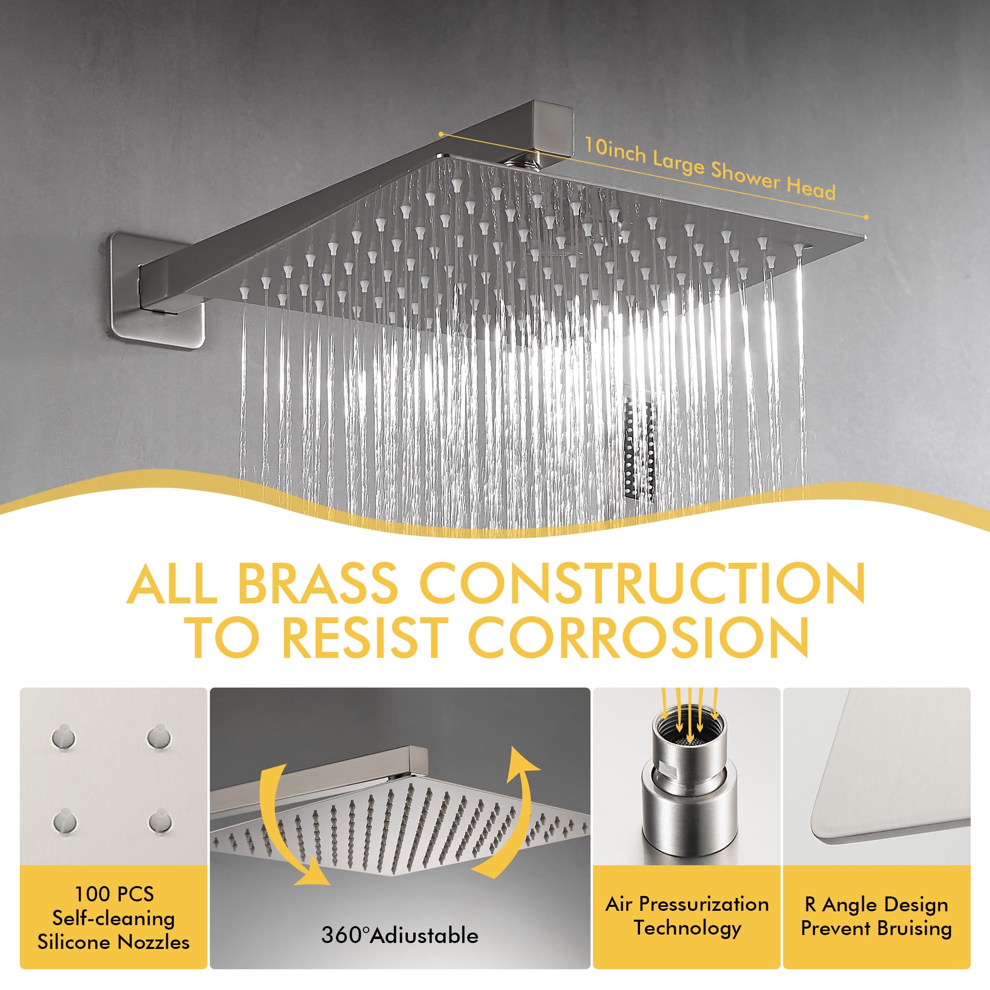 Fransiton 10 Inch Brushed Nickel Wall Mount Rain Shower System Set with Handheld Shower Head - Complete Bathroom Shower Kit (Includes Valve) for Luxurious Spa-Like Experience at Home