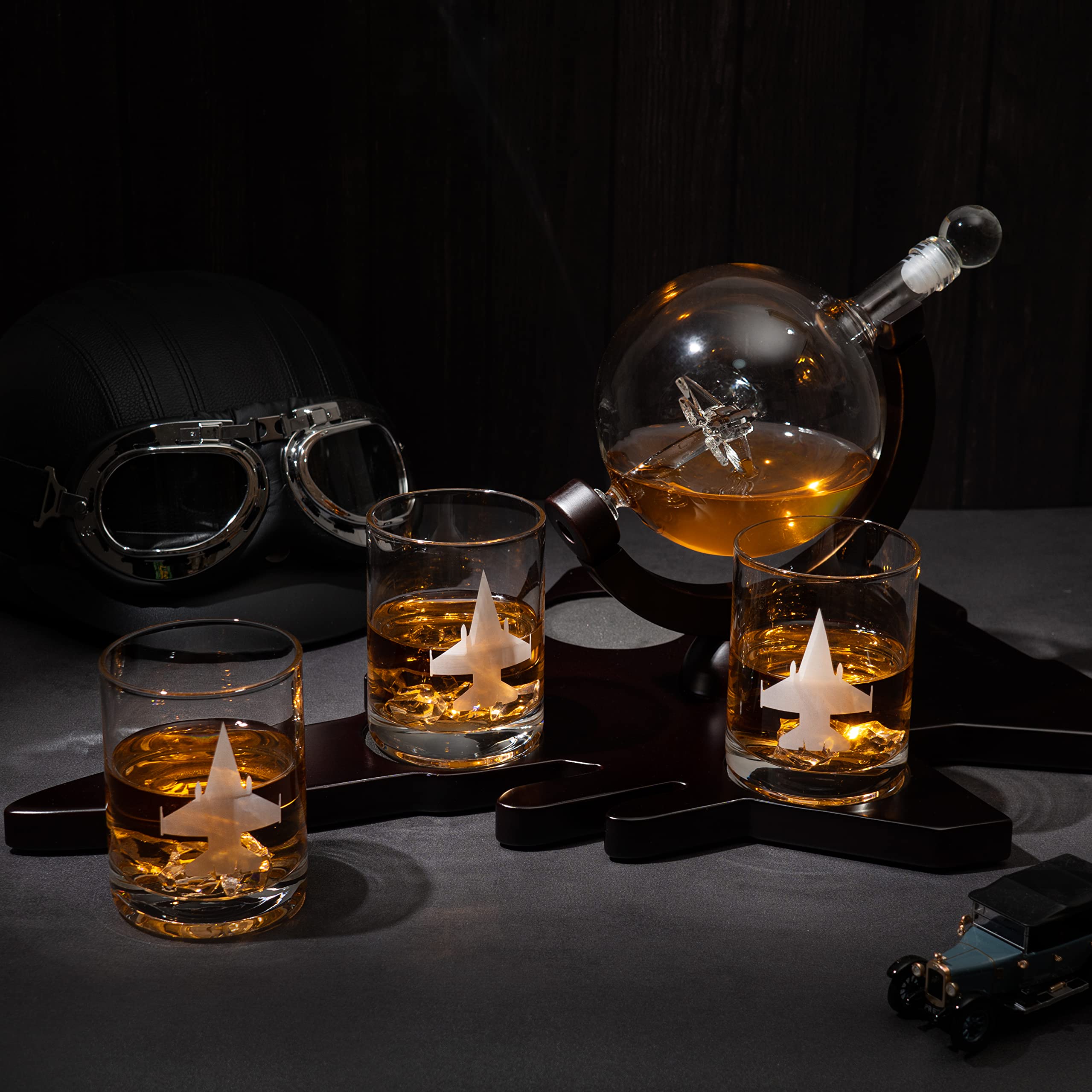 Fighter Jet Wine & Whiskey Decanter Set - F16, F15, F18, F22 with 3 Glasses | Bourbon, Scotch & Vodka Decanter | Perfect Pilot, Aviation & Military Veteran Gifts | Airplane Figurine for Home Bar & Cocktail Party Decor