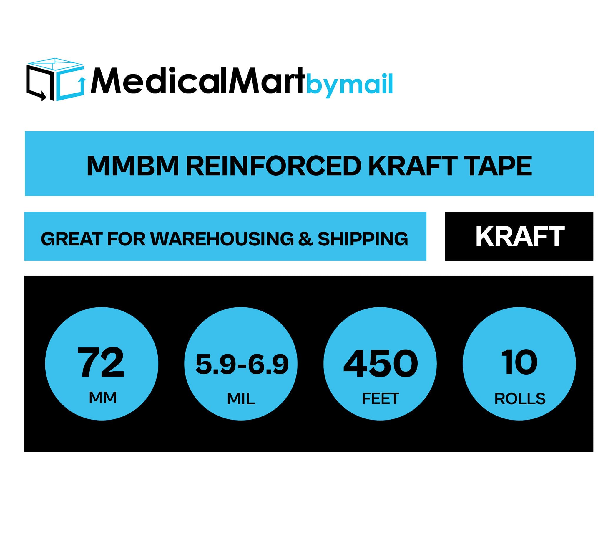 MMBM Heavy Duty Reinforced Gummed Kraft Paper Packing Tape - 72mm x 450 Feet, 10 Rolls, Brown Water Activated Adhesive for Secure Carton Box Sealing & Shipping - Ideal for Ecommerce, Warehouse, and Moving Packaging