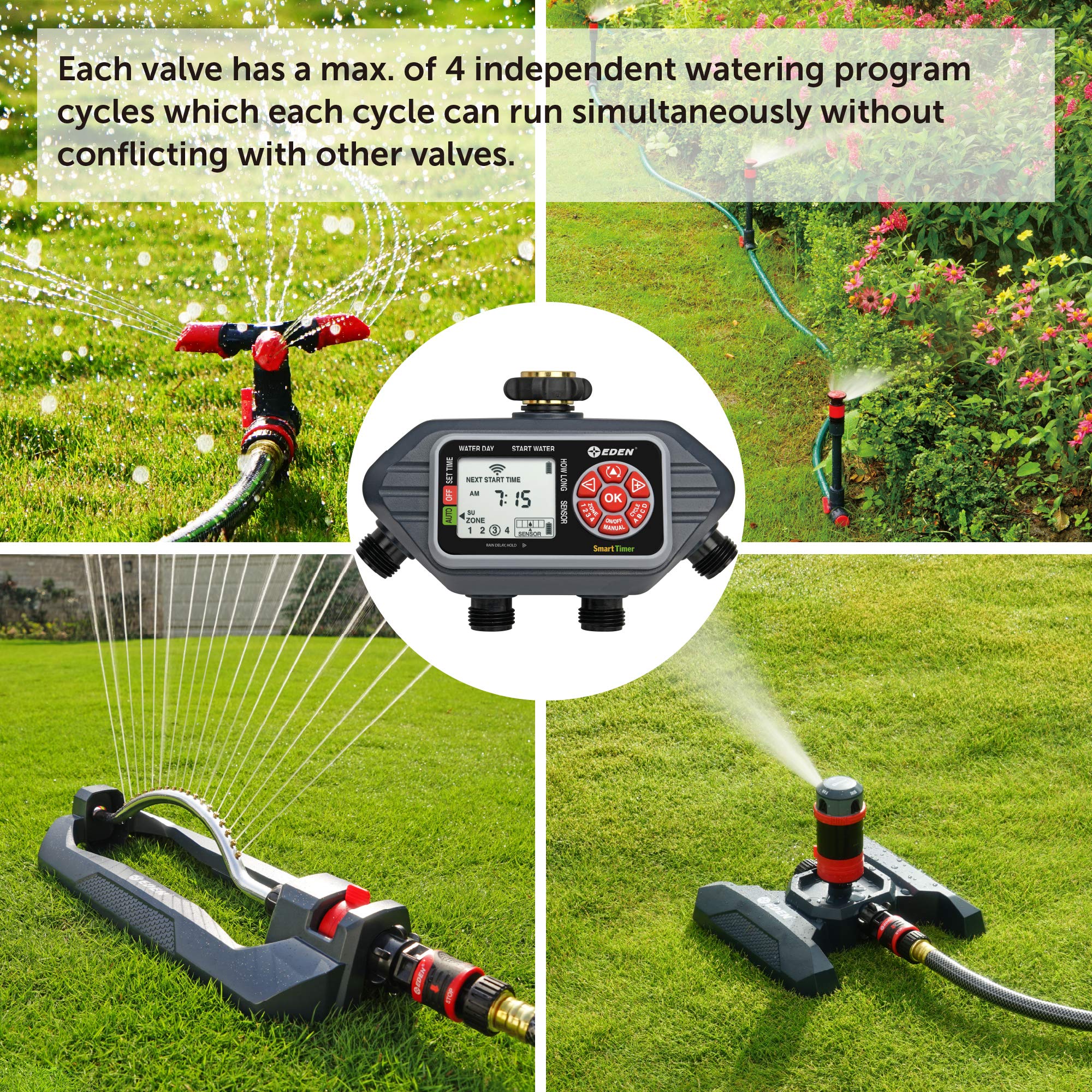 **Eden 93413 4-Zone Programmable Digital Water Timer with Wireless Soil Moisture Sensor – Smart Irrigation for Lawns, Gardens & Greenhouses**