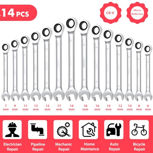 GARVEE 14-Piece Ratcheting Wrench Set - Metric 6-19mm Fixed Head Ratchet Combination Wrenches, Chrome Vanadium Steel with Storage Bag - Perfect for Truck Repair, Garage Projects, Automotive Maintenance & DIY Mechanical Work