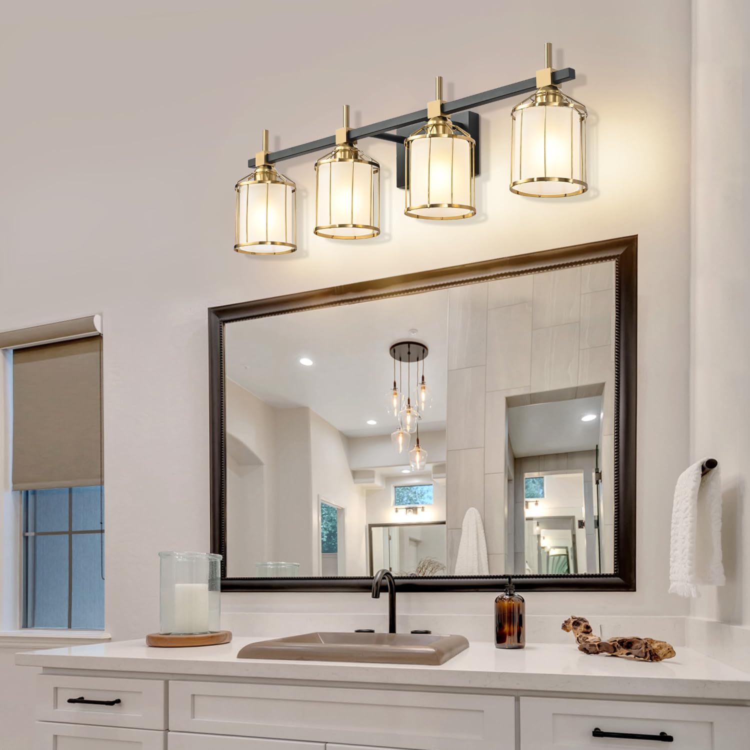 SOLFART 4-Light Modern Bathroom Vanity Lighting Set - Black Brass Finish with Frosted Glass Shades - Perfect for Bathroom Mirror Illumination and Home Decor Upgrade