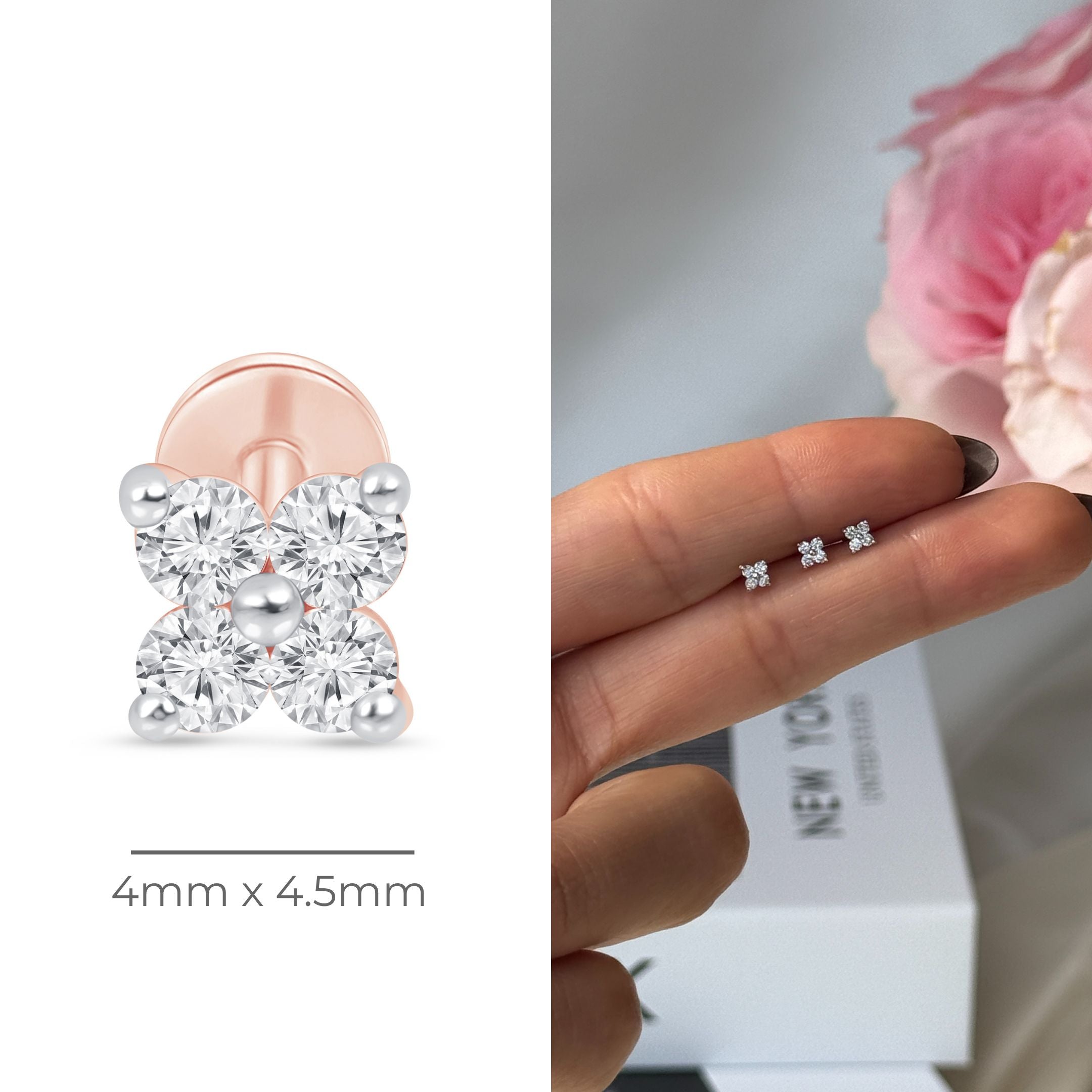 14K Rose Gold Diamond Four Petal Flower Stud Earrings - Dainty Floral Jewelry for Women, Perfect for Weddings, Date Nights & Everyday Elegance