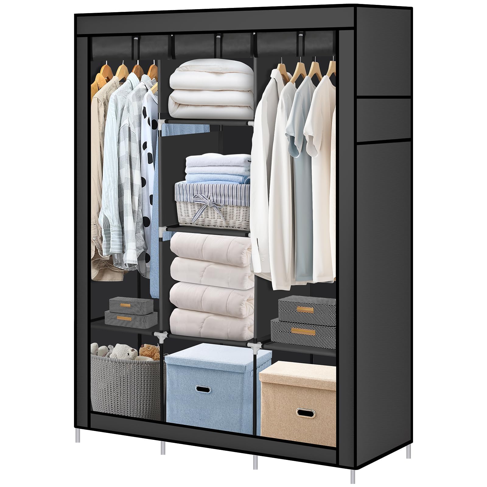 Portable Closet Organizer with 8 Shelves & 2 Hanging Rails - Non-Woven Fabric Wardrobe with Metal Frame (Black) | Space-Saving Clothes Storage for Bedroom, Dorm, Apartment & Travel