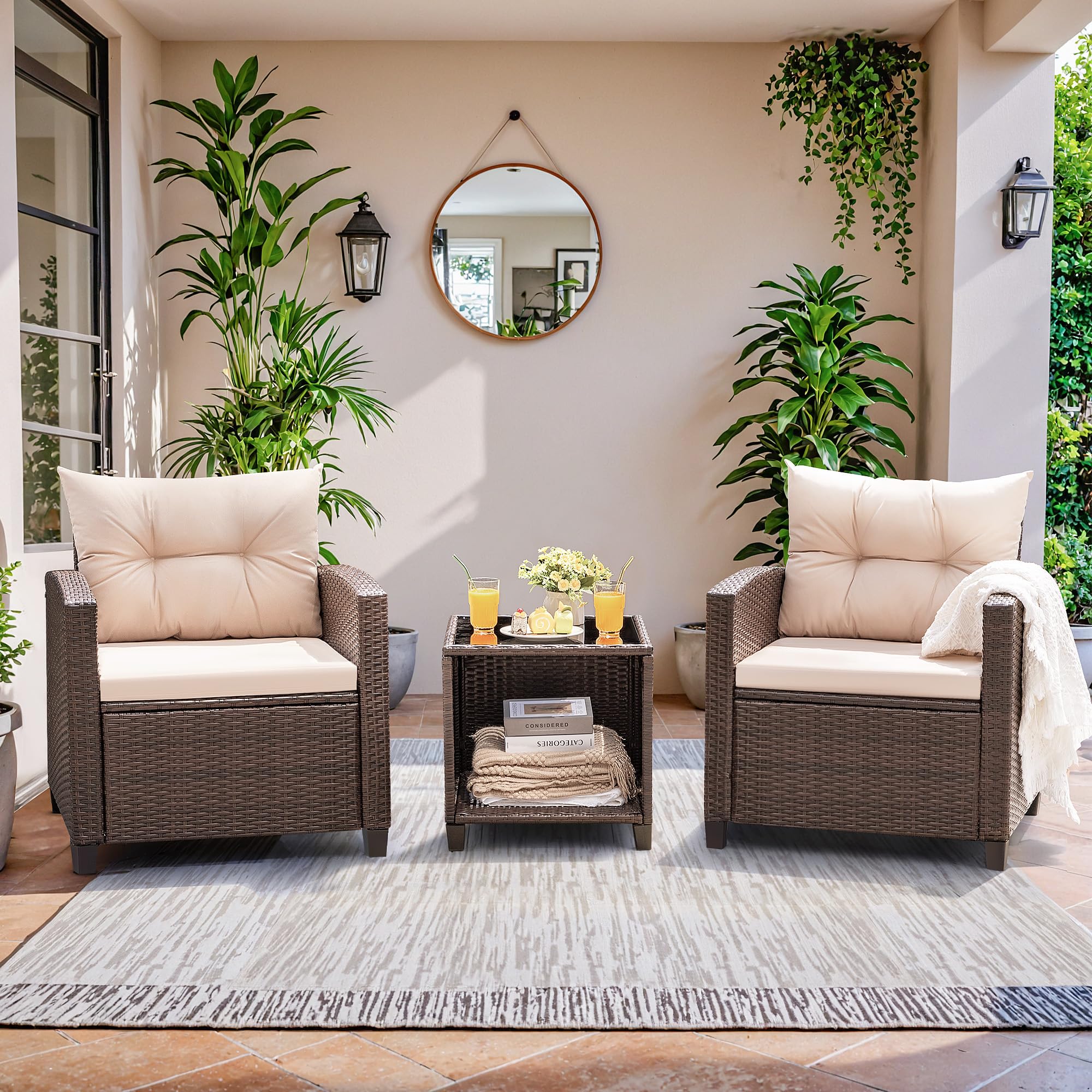 Devoko 3-Piece PE Rattan Wicker Patio Furniture Set with 2 Outdoor Chairs & Table - Durable Garden, Poolside, Balcony, Porch Furniture for Relaxing & Entertaining