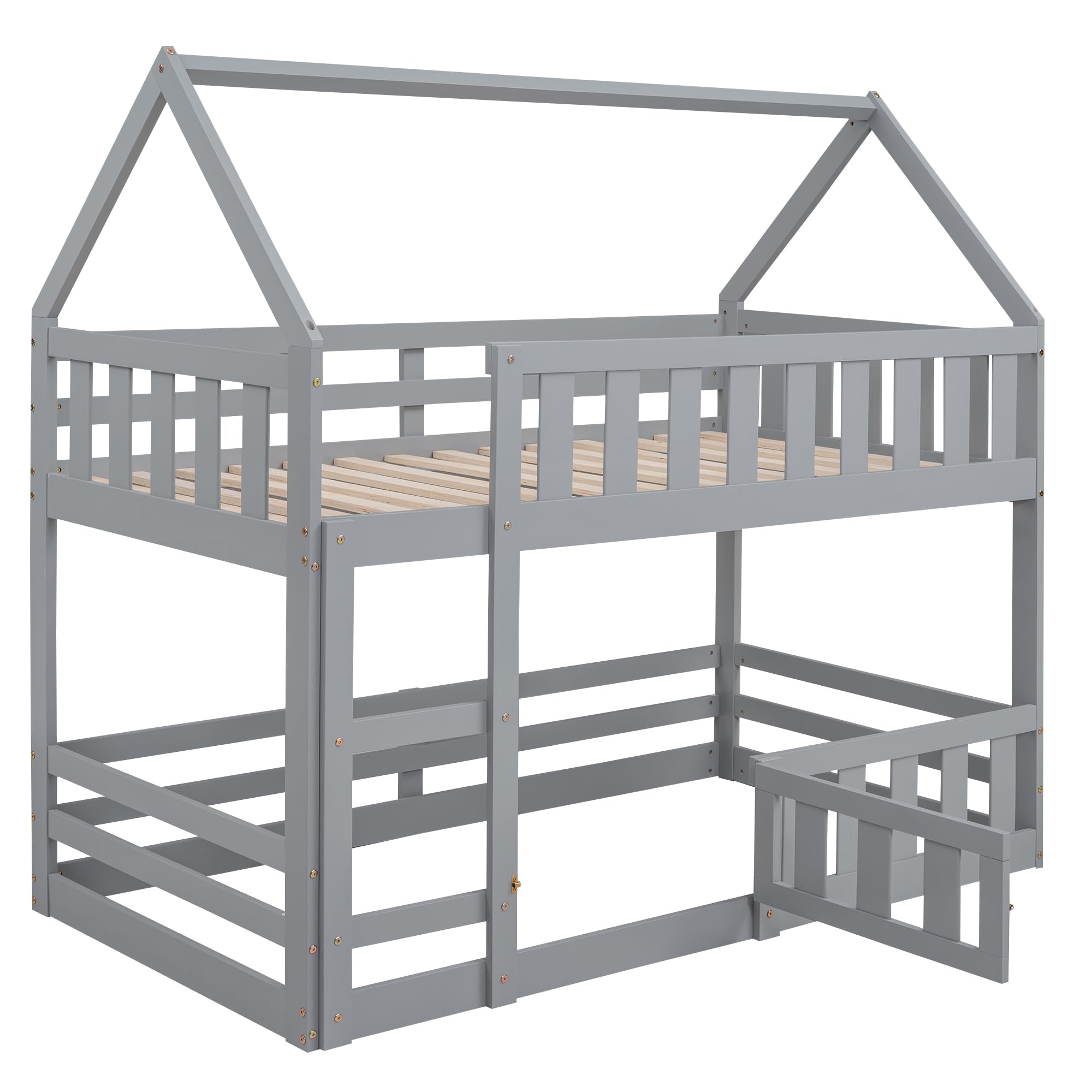 SOFTSEA Twin Over Twin Kids Bunk Bed - Low Floor House Design with Safety Fence, Door & Guardrails - Sturdy Wood Frame with Ladder - No Box Spring Needed - Gray - Perfect for Kids' Bedrooms, Guest Rooms & Small Spaces