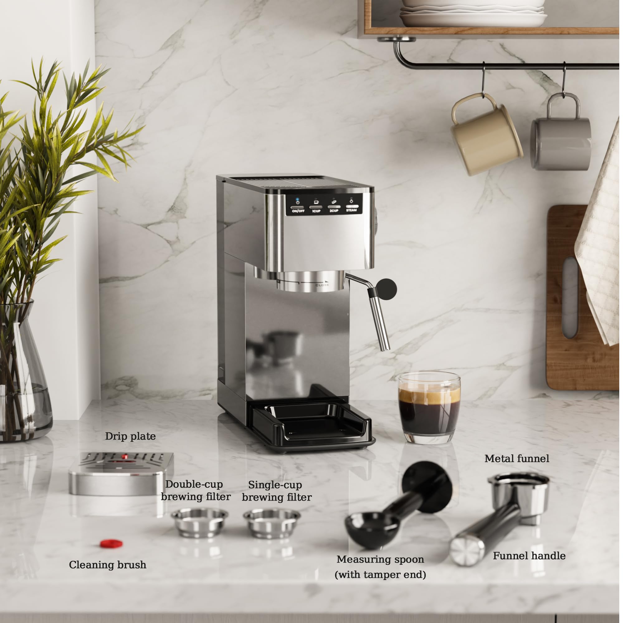 Kismile 20 Bar Espresso Machine with Milk Frother Steam Wand - Compact Cappuccino & Latte Maker for Home, 40oz Removable Water Tank, Stainless Steel - Perfect for Coffee Lovers & Small Kitchens
