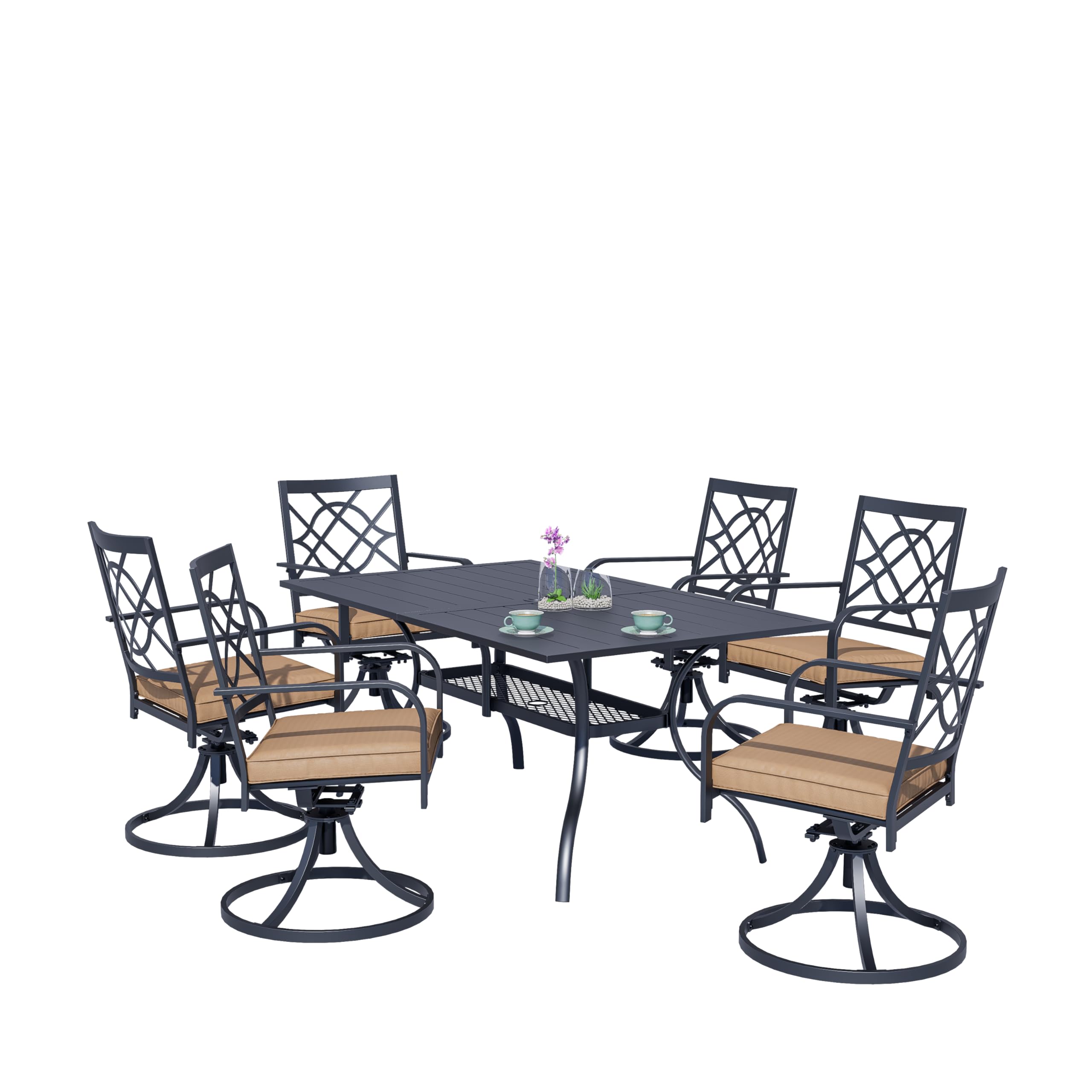 SOLAURA 7-Piece Outdoor Patio Dining Set - 6-Person Metal Swivel Chairs with Slat Table Top & 1.57