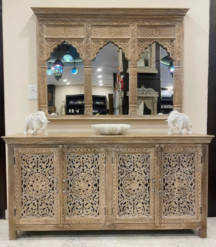 Exquisite Hand-Carved Floral Design Wooden Mirror Sideboard Cabinet with 4 Doors - Perfect for Dining Room Storage, Entryway Decor & Vintage Home Furnishing
