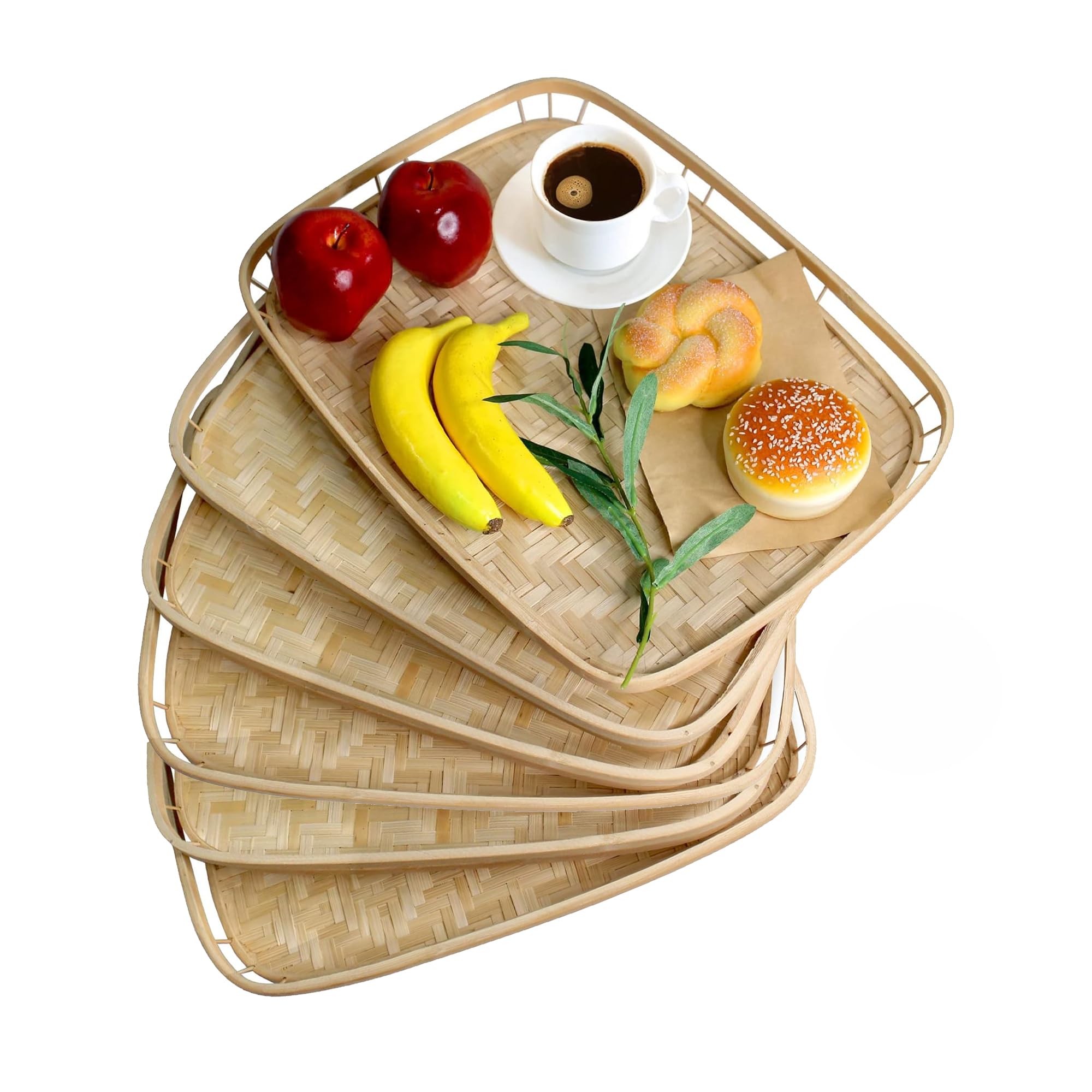 Premium Set of 4 Bamboo Wicker Serving Trays - Natural Rectangular Breakfast Trays with Handles for Food & Drinks | Wooden Decorative Platters for Coffee Table, Bed Eating | Perfect for Brunch, Picnics, and Home Decor