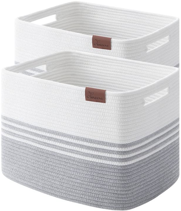 42L Storage Baskets 2-Pack - Cotton Rope Organizing Bins for Laundry, Blankets & Toys - Perfect for Closet, Living Room, Bedroom & Laundry Room Organization - Grey Home Storage Solutions